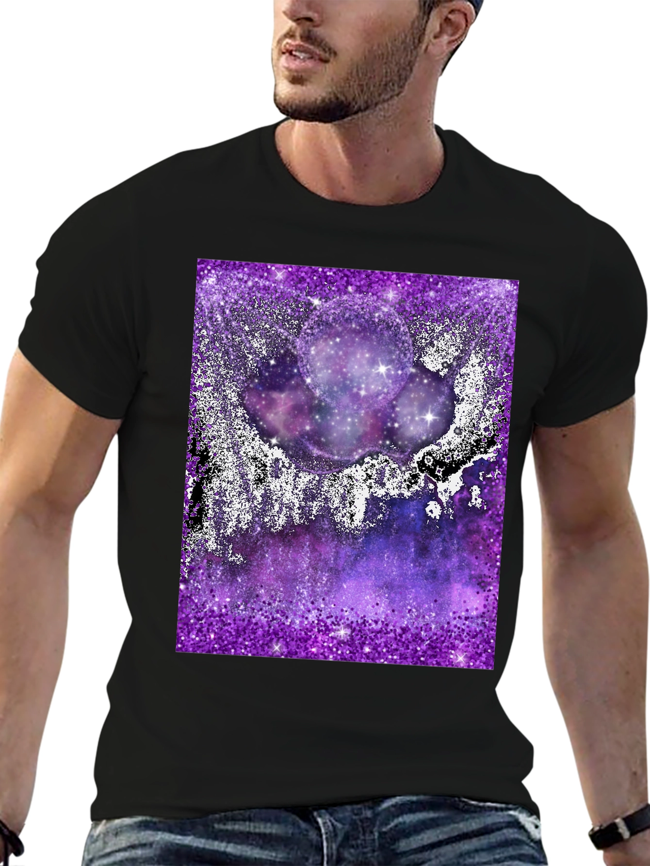Galaxy Glitter Print Black T-Shirt