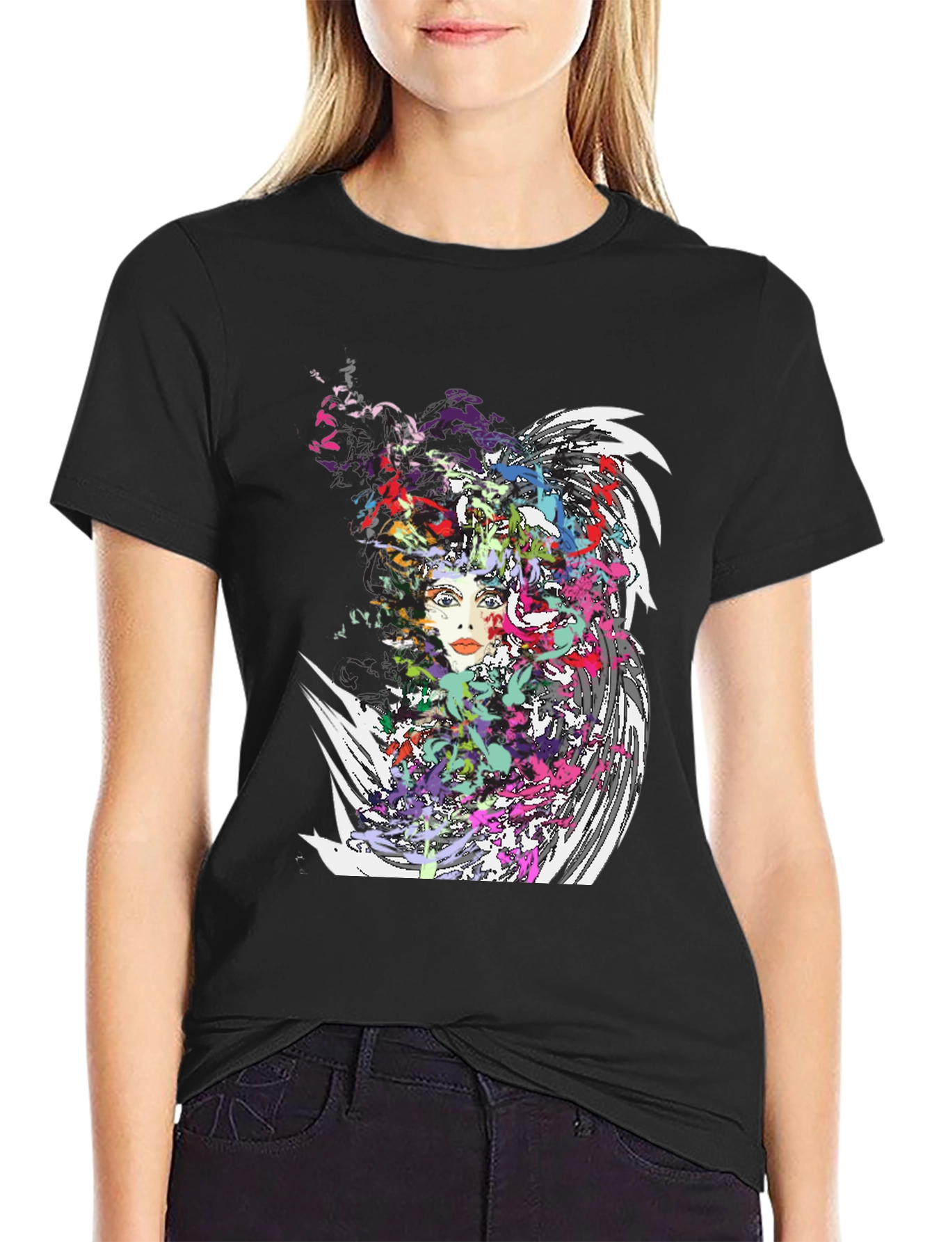 Abstract Art Woman Graphic Print Black T-Shirt