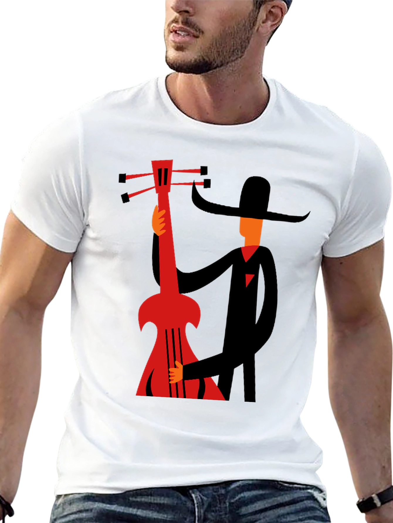 Mans Graphic Black T-Shirt - Musician with Guitar