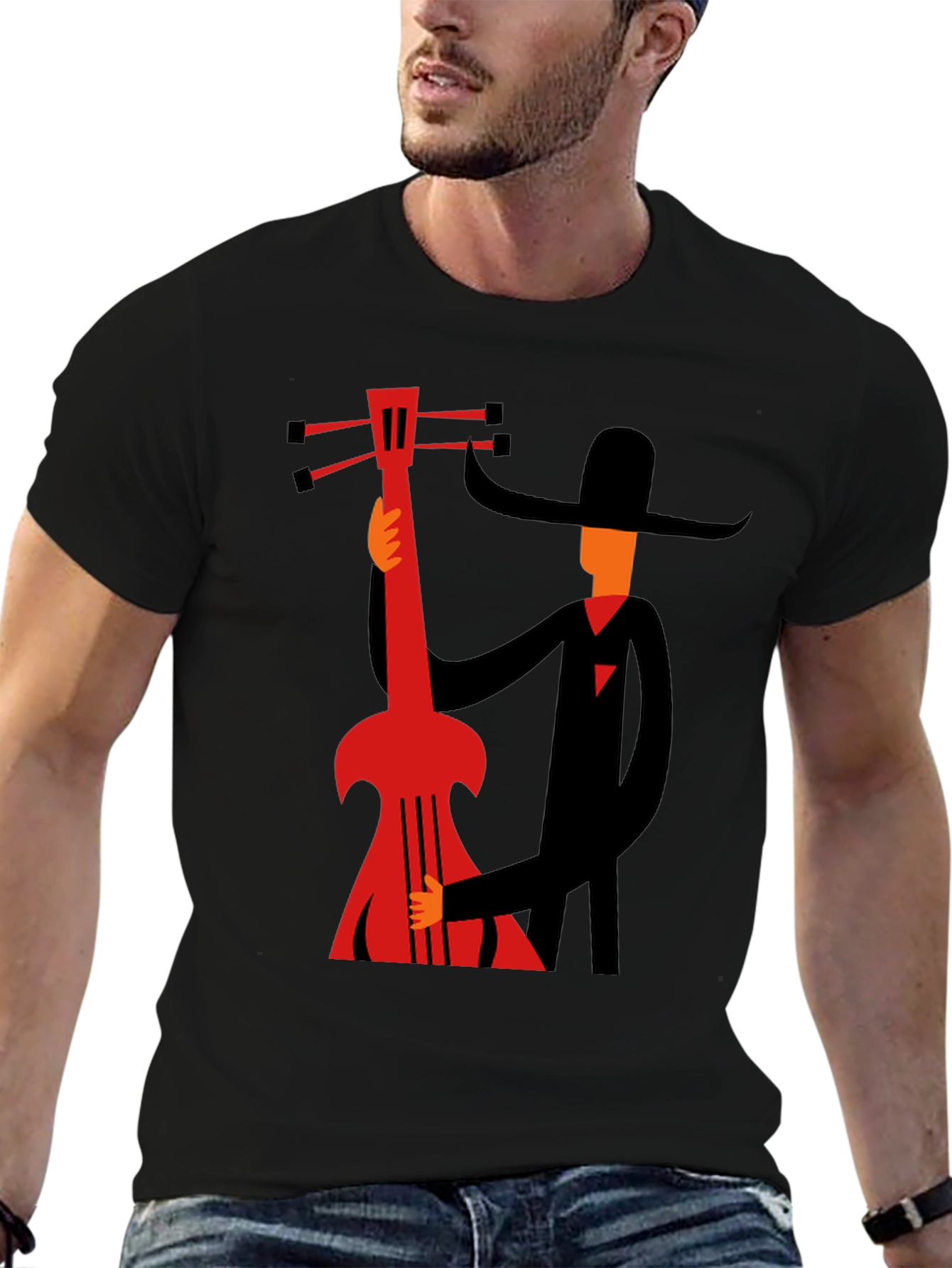 Mans Graphic Black T-Shirt - Musician with Guitar
