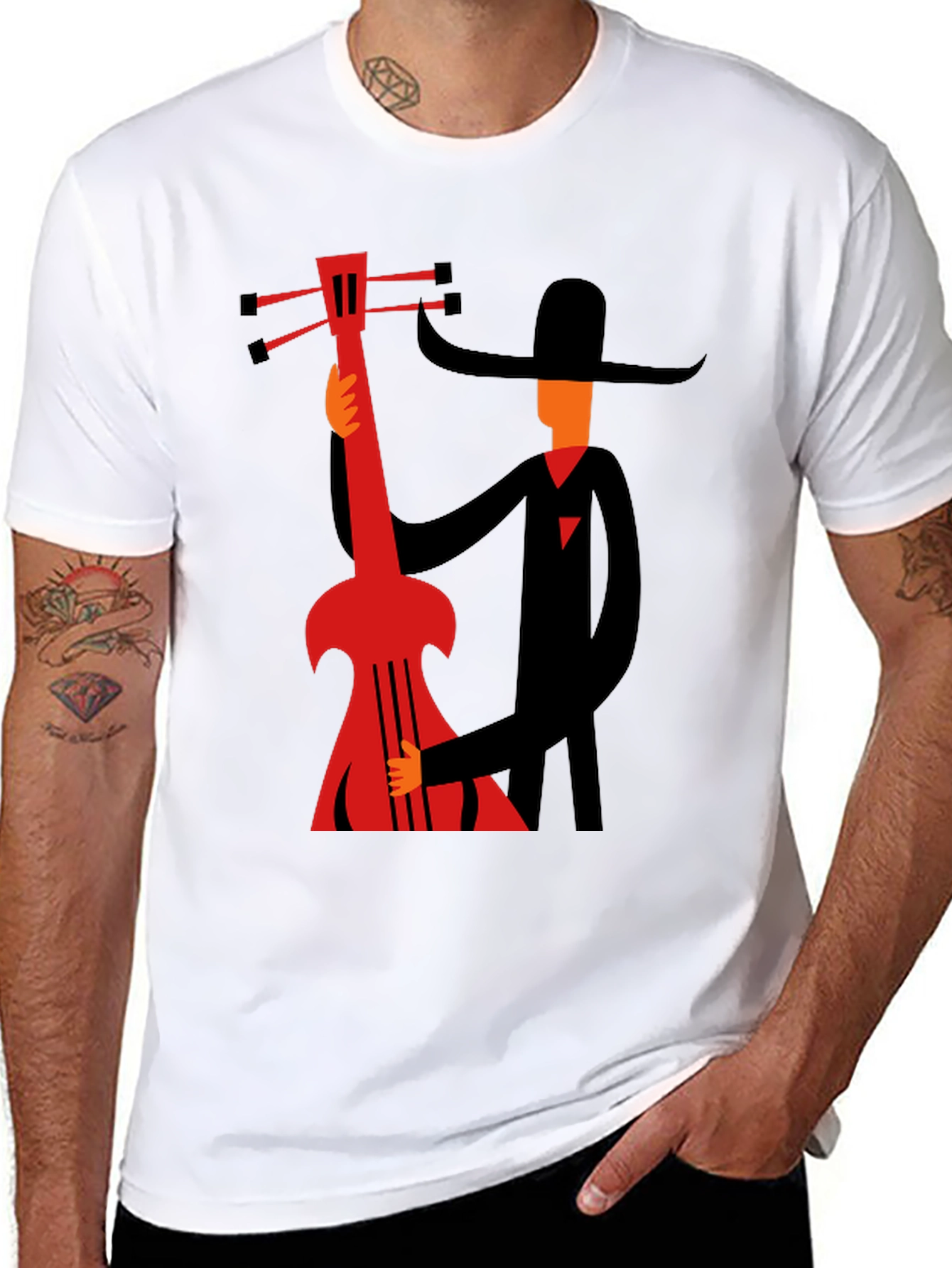 Mans Graphic Black T-Shirt - Musician with Guitar