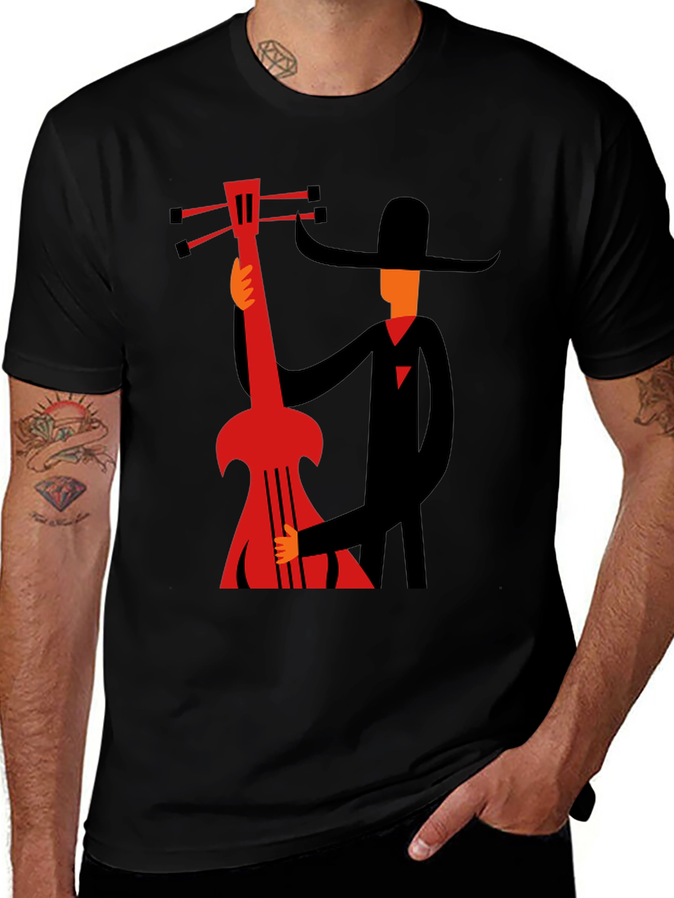 Mans Graphic Black T-Shirt - Musician with Guitar
