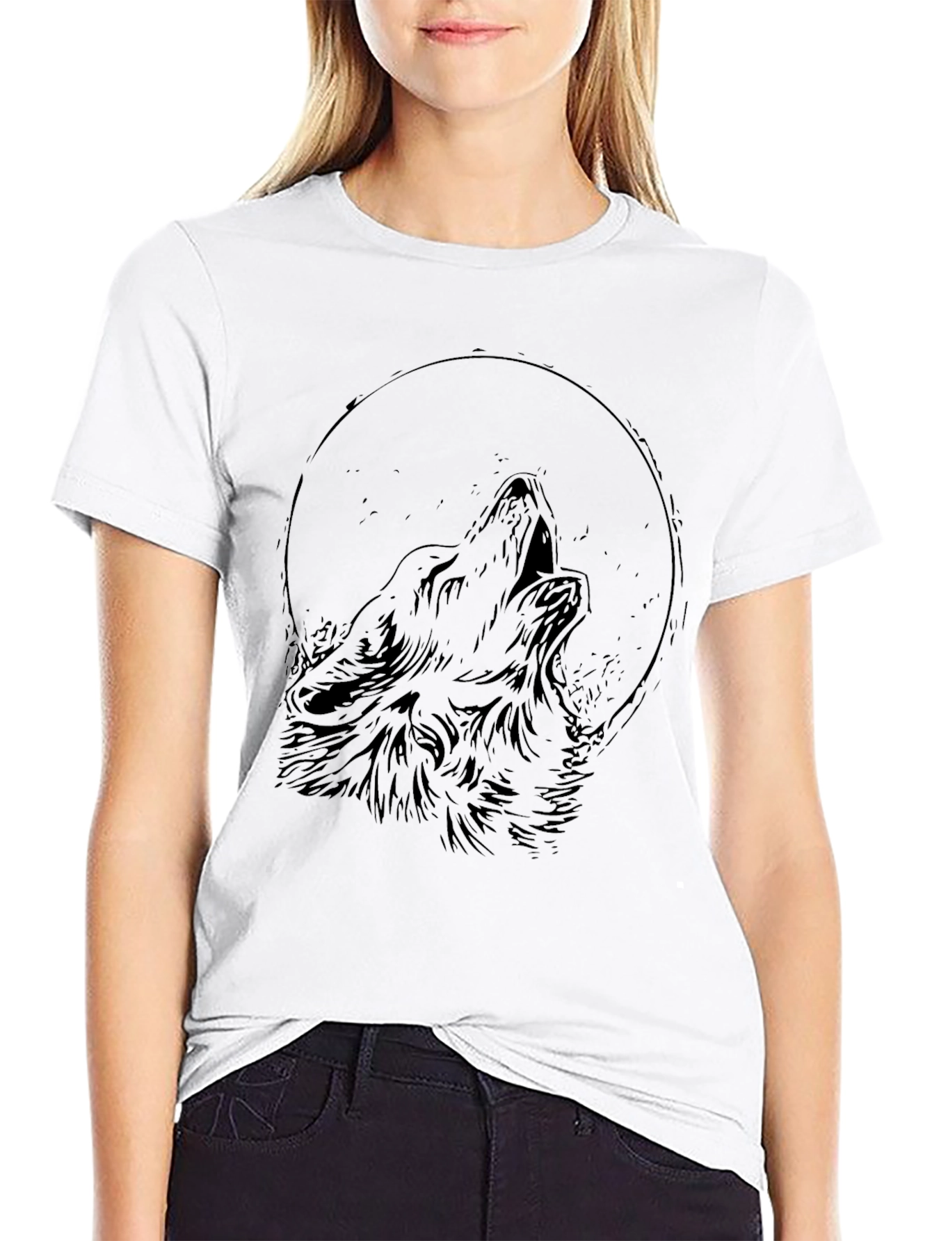 Wolf Howling Moon Graphic Black T-Shirt