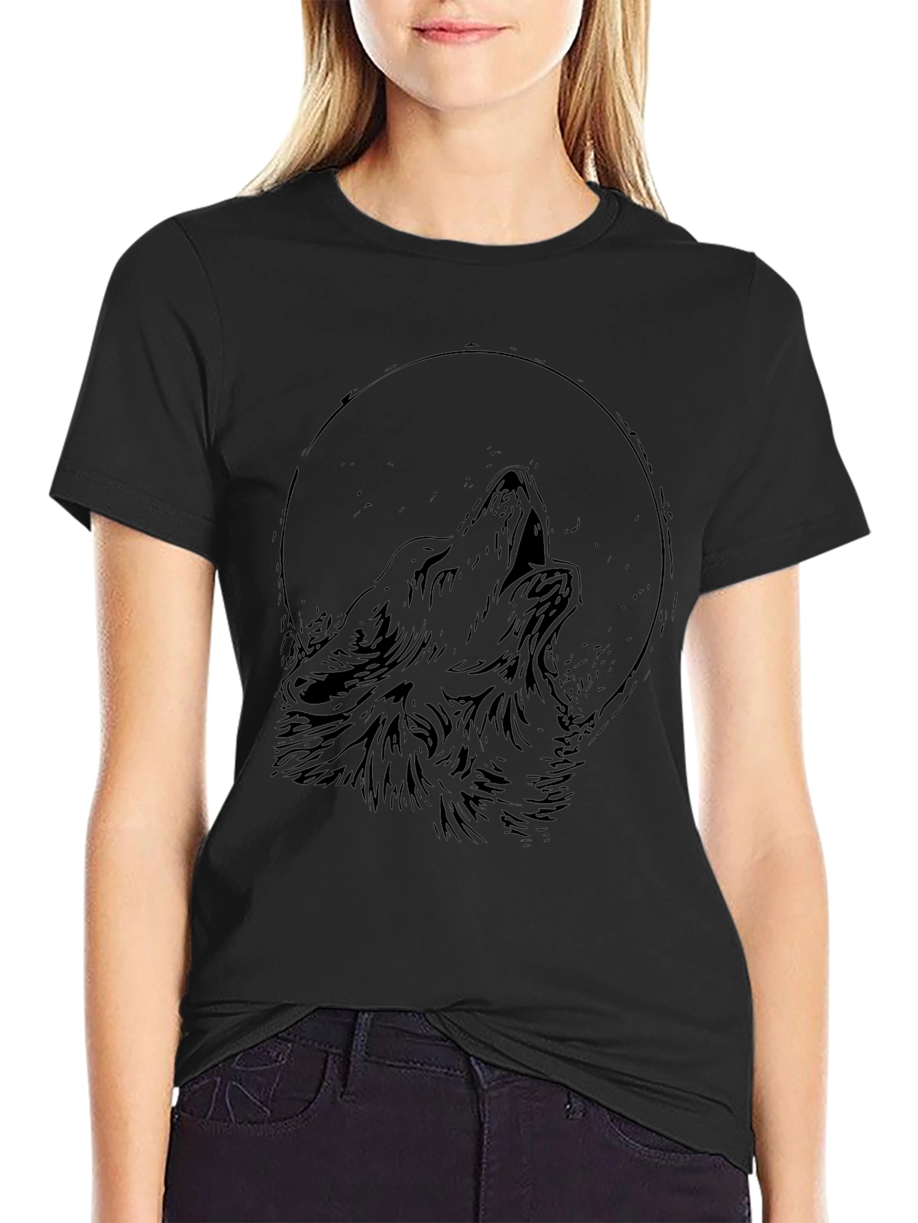 Wolf Howling Moon Graphic Black T-Shirt