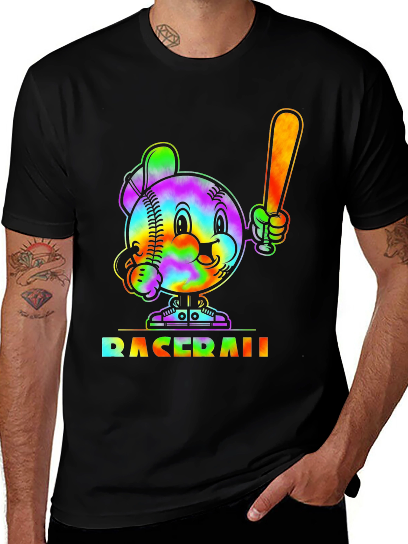 Tie Dye Baseball Cartoon Graphic T-Shirt