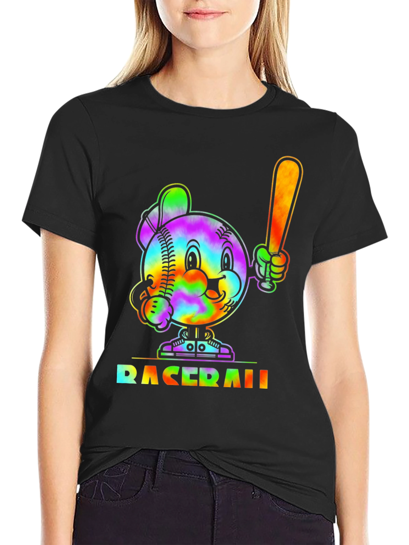 Tie Dye Baseball Cartoon Graphic T-Shirt