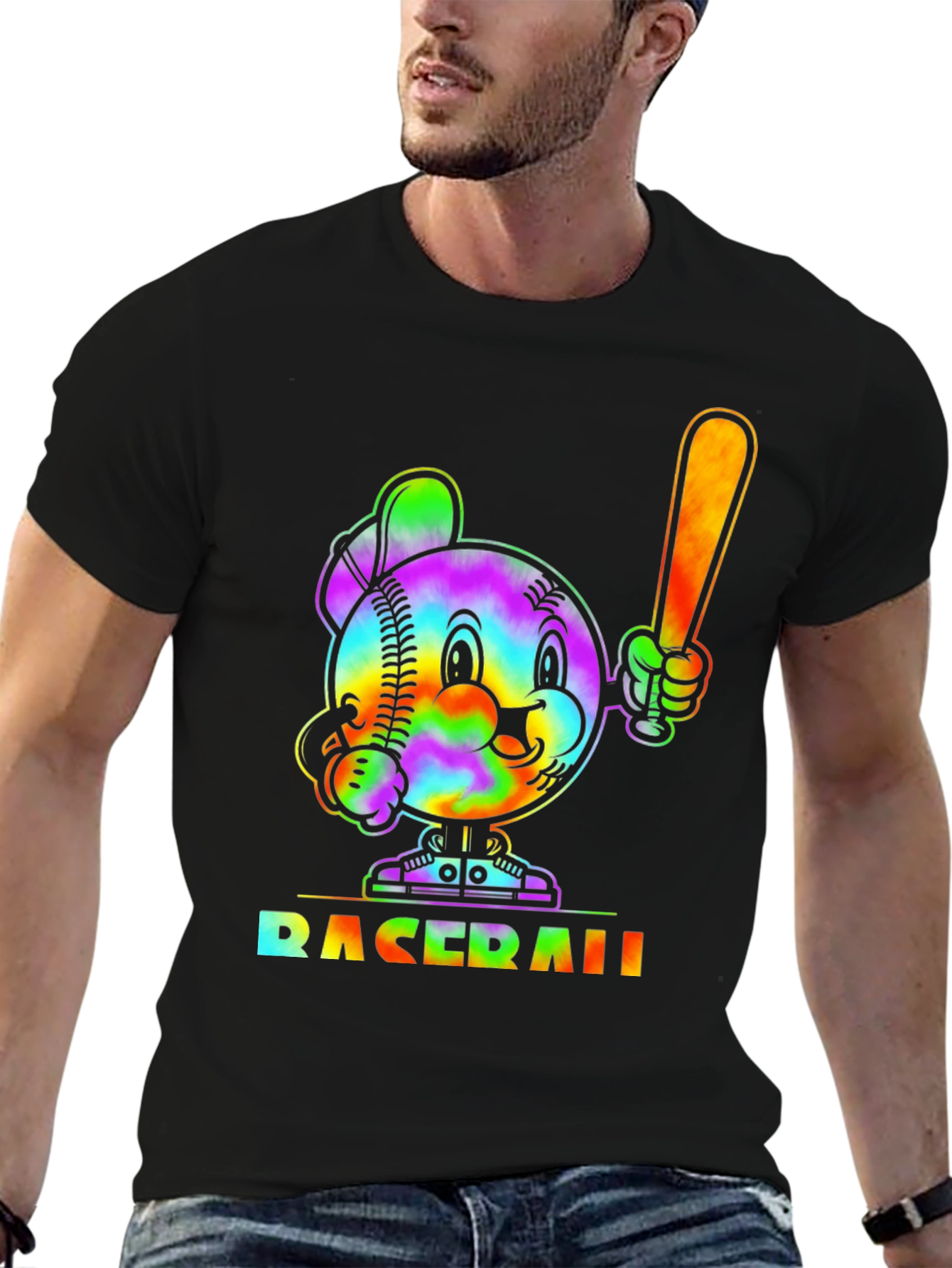 Tie Dye Baseball Cartoon Graphic T-Shirt