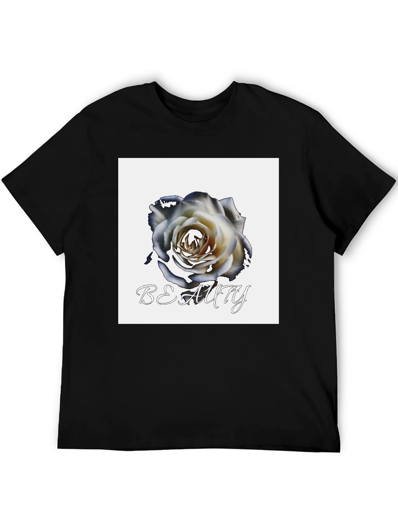 Black T-Shirt with Rose & Beauty Design