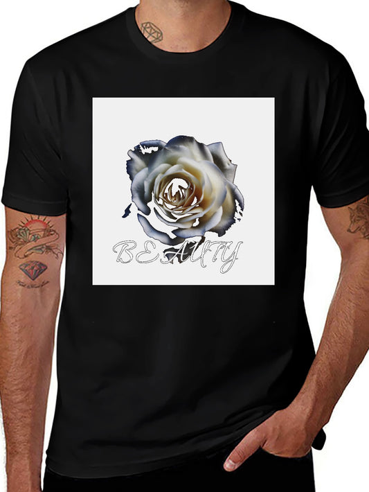 Black T-Shirt with Rose & Beauty Design