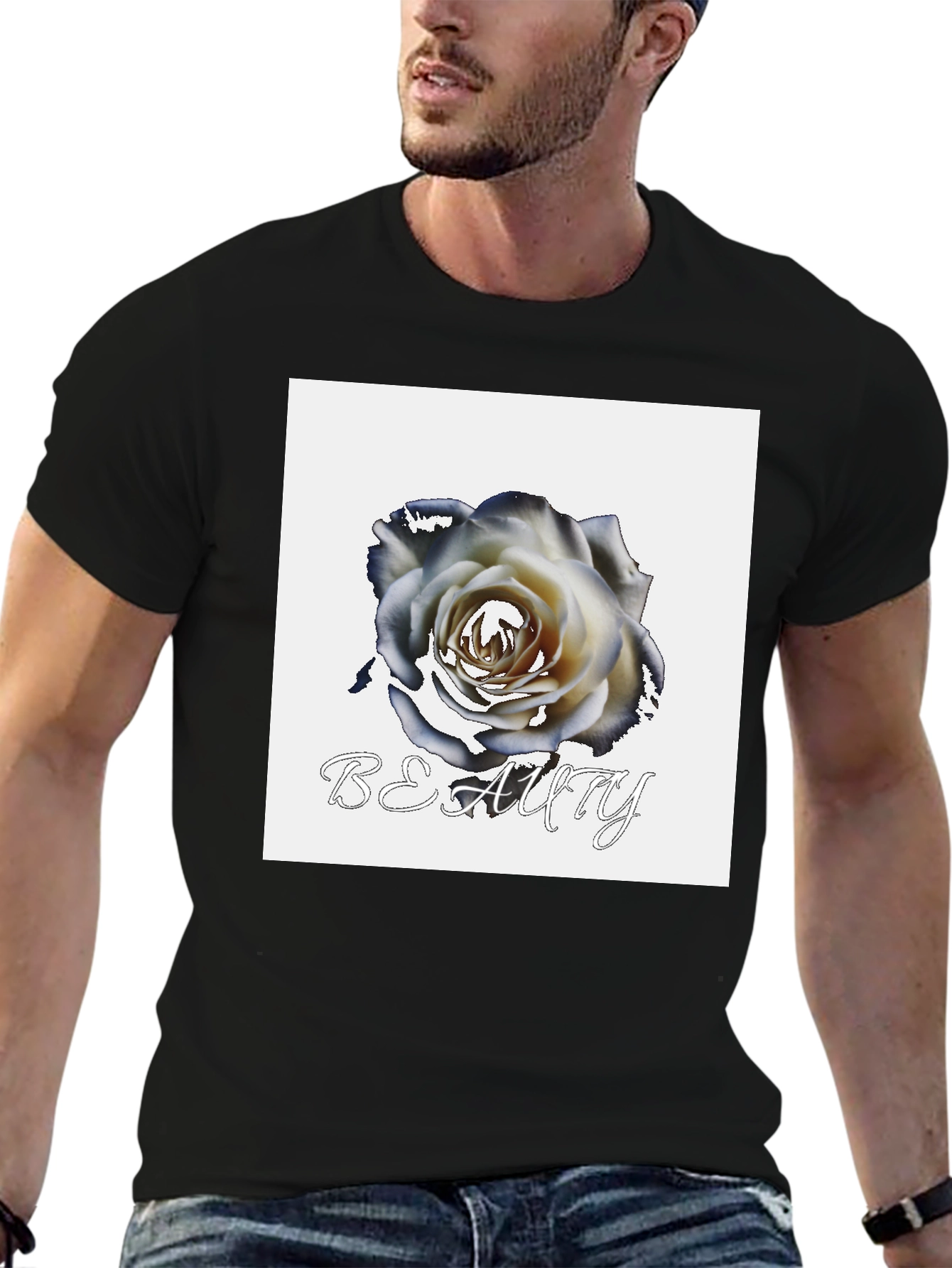 Black T-Shirt with Rose & Beauty Design