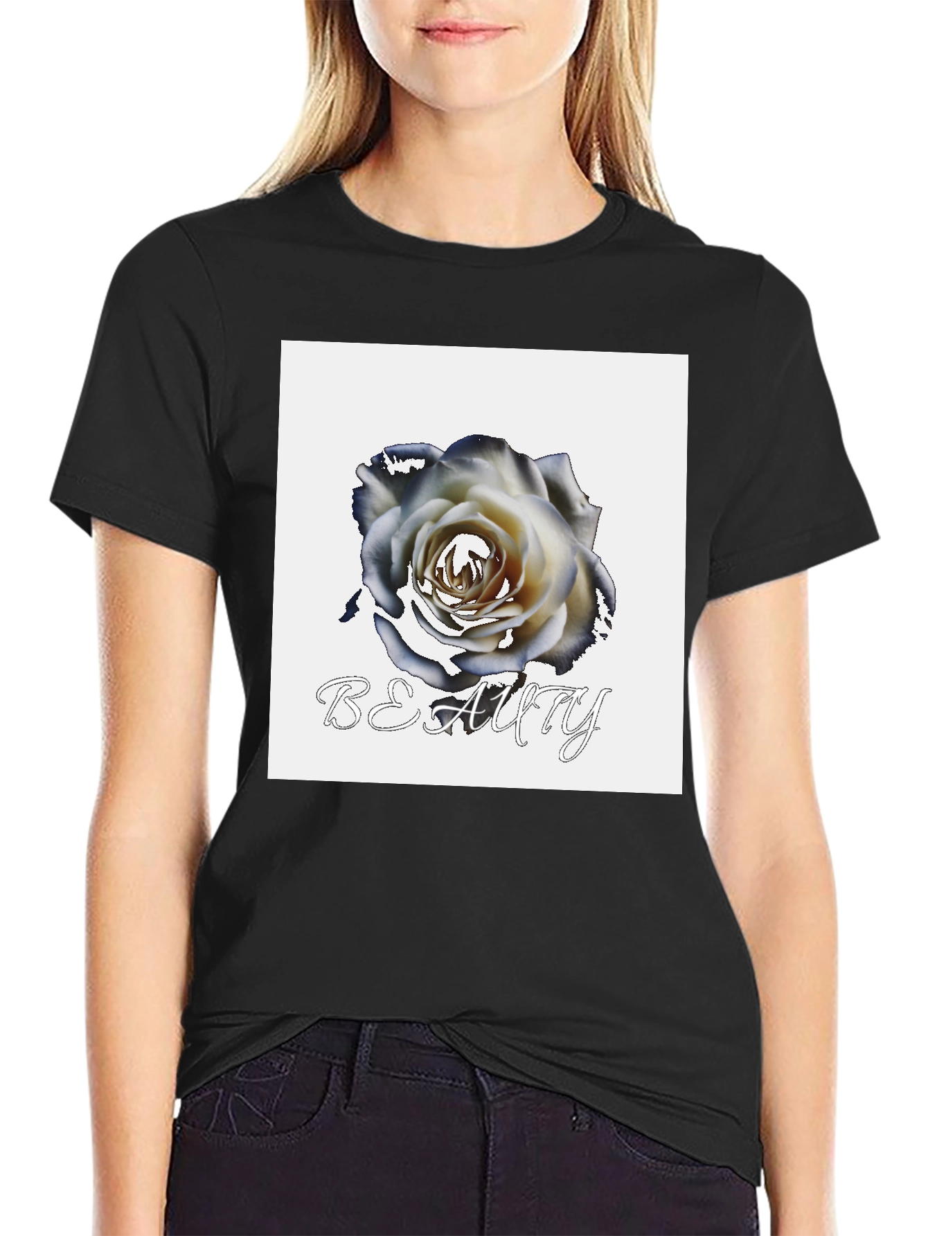 Black T-Shirt with Rose & Beauty Design