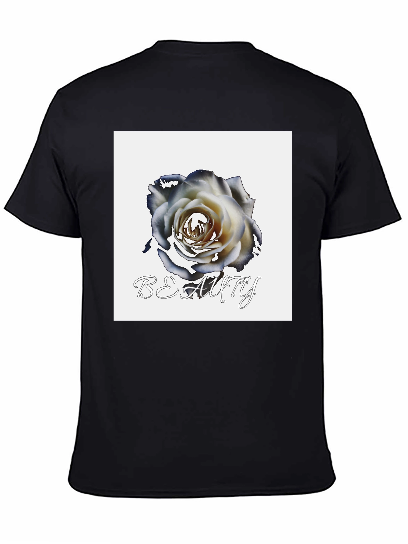 Black T-Shirt with Rose & Beauty Design
