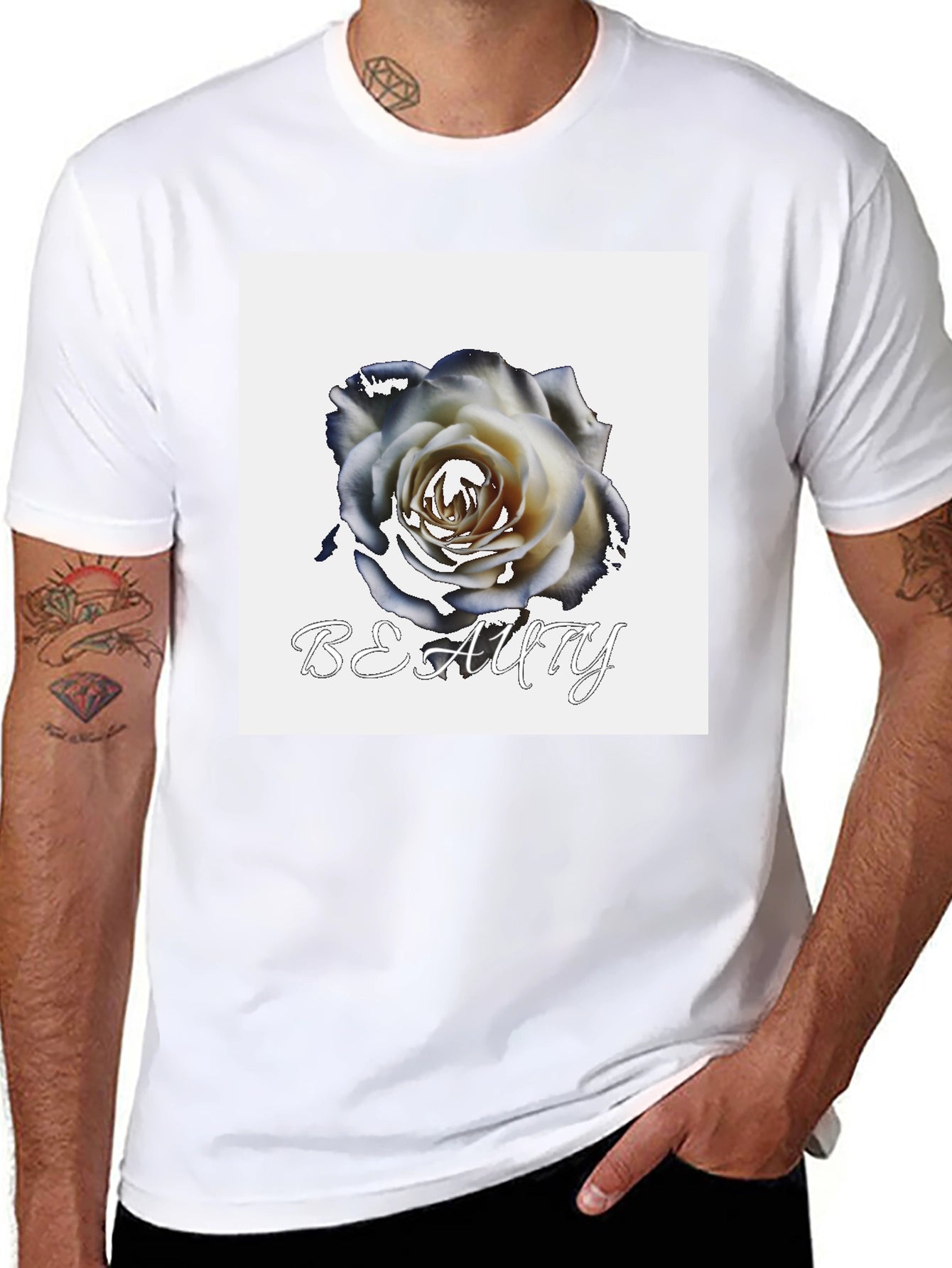 Black T-Shirt with Rose & Beauty Design
