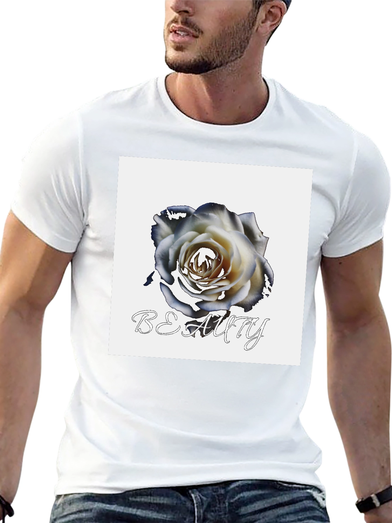 Black T-Shirt with Rose & Beauty Design