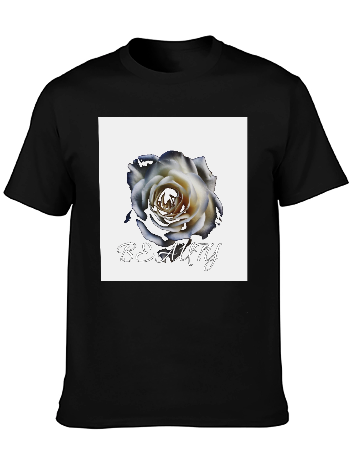 Black T-Shirt with Rose & Beauty Design