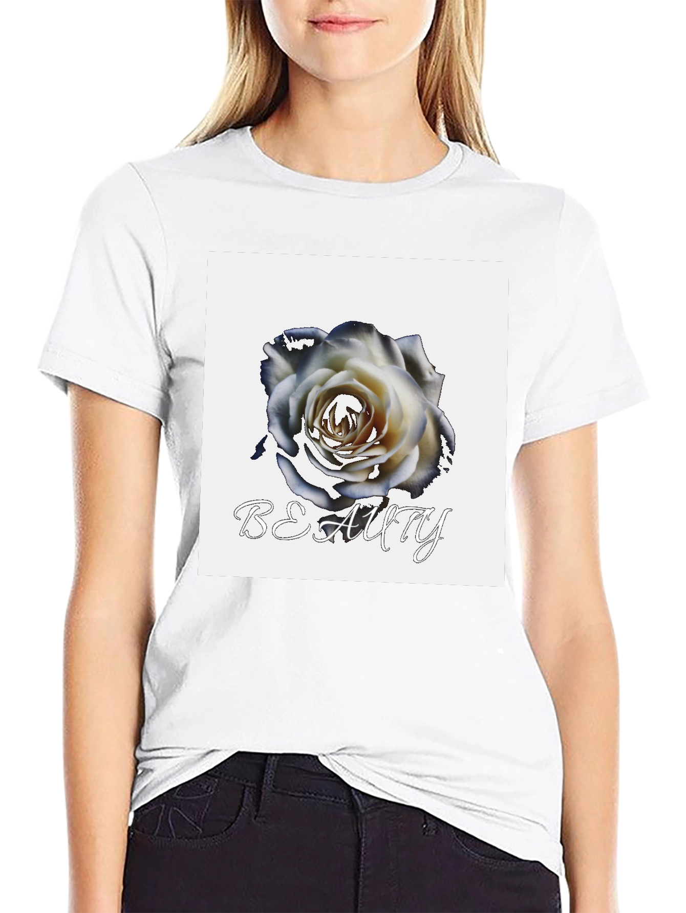 Black T-Shirt with Rose & Beauty Design