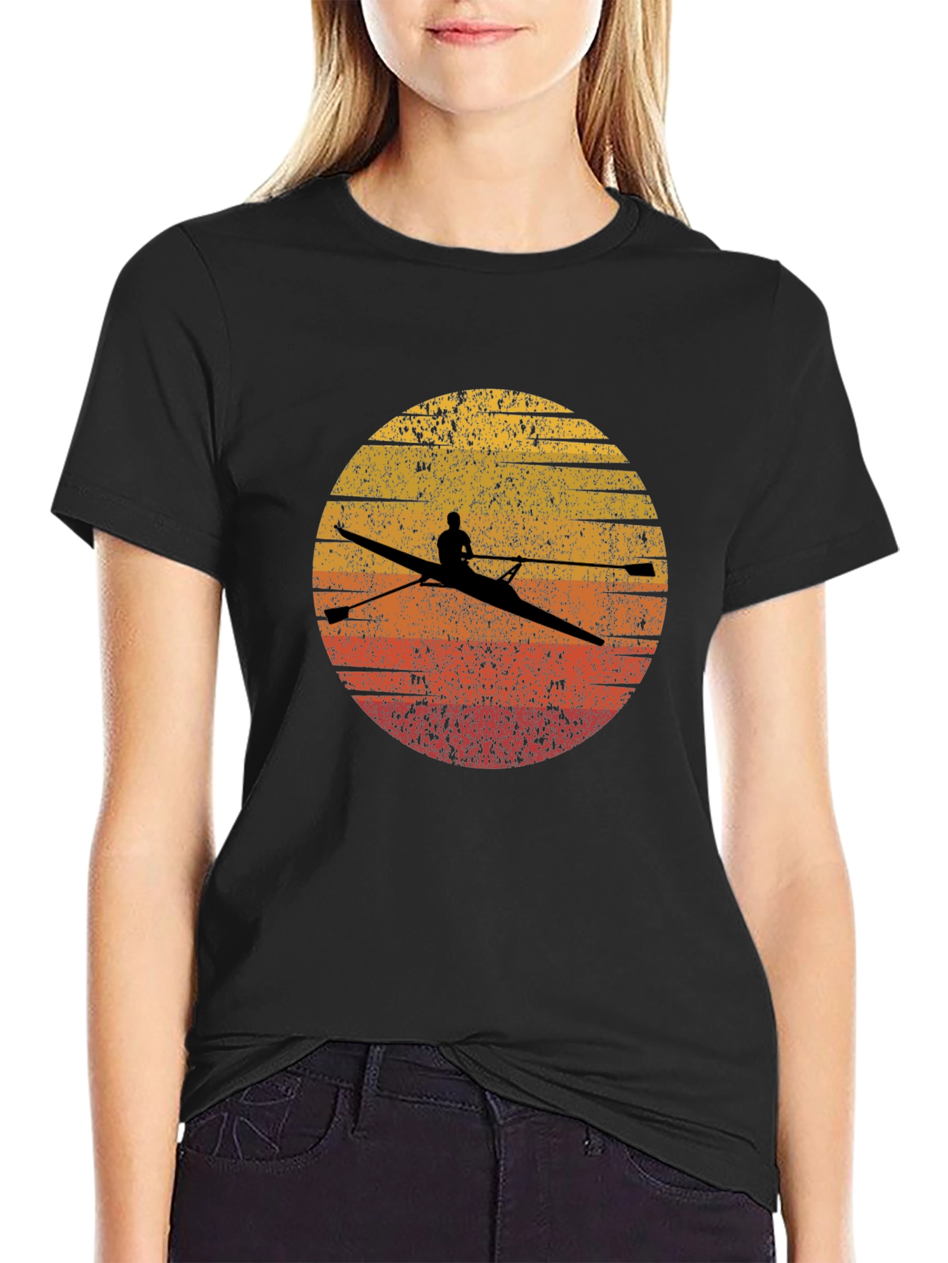 Rowing Silhouette Graphic Tee - Retro Sunset Design