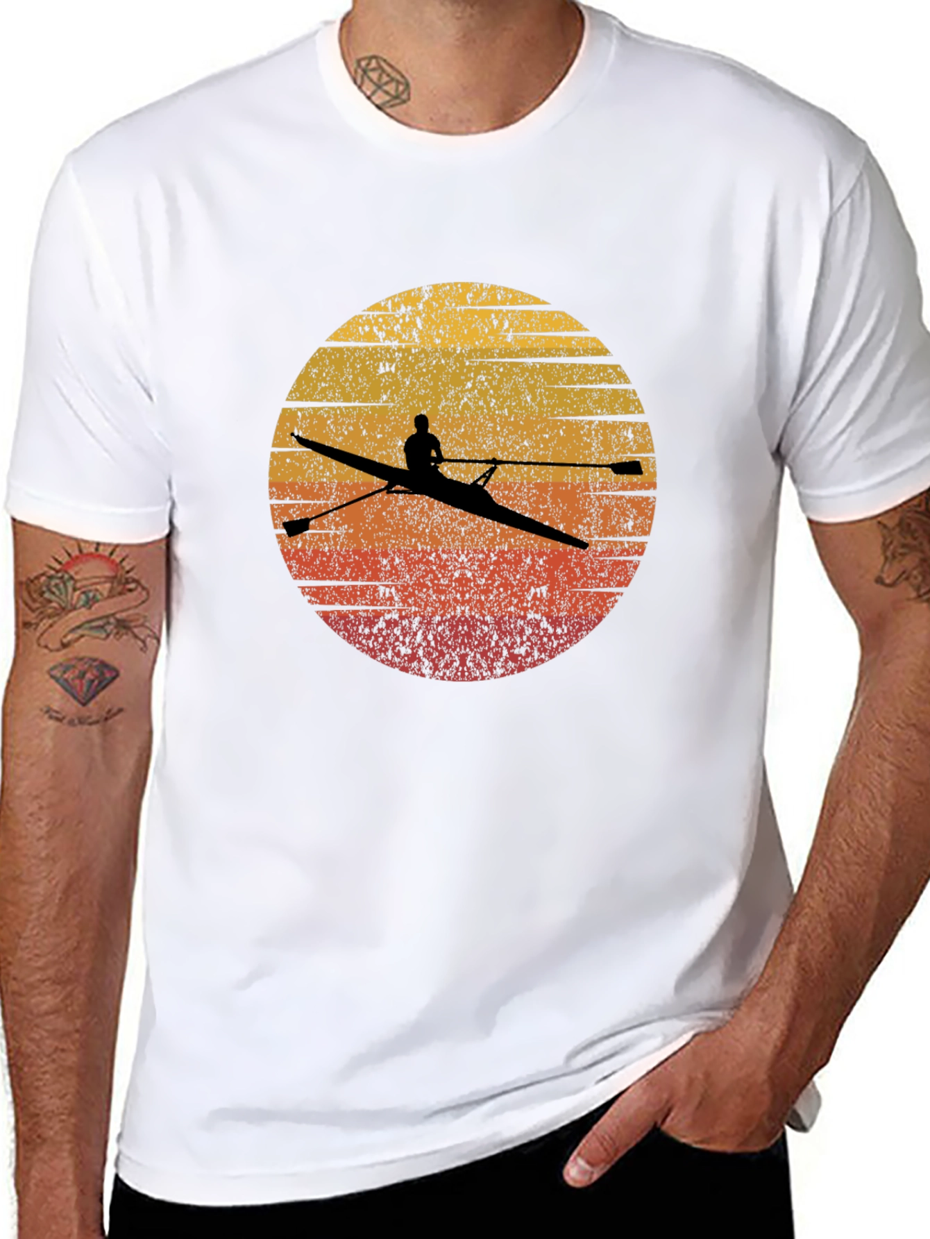 Rowing Silhouette Graphic Tee - Retro Sunset Design
