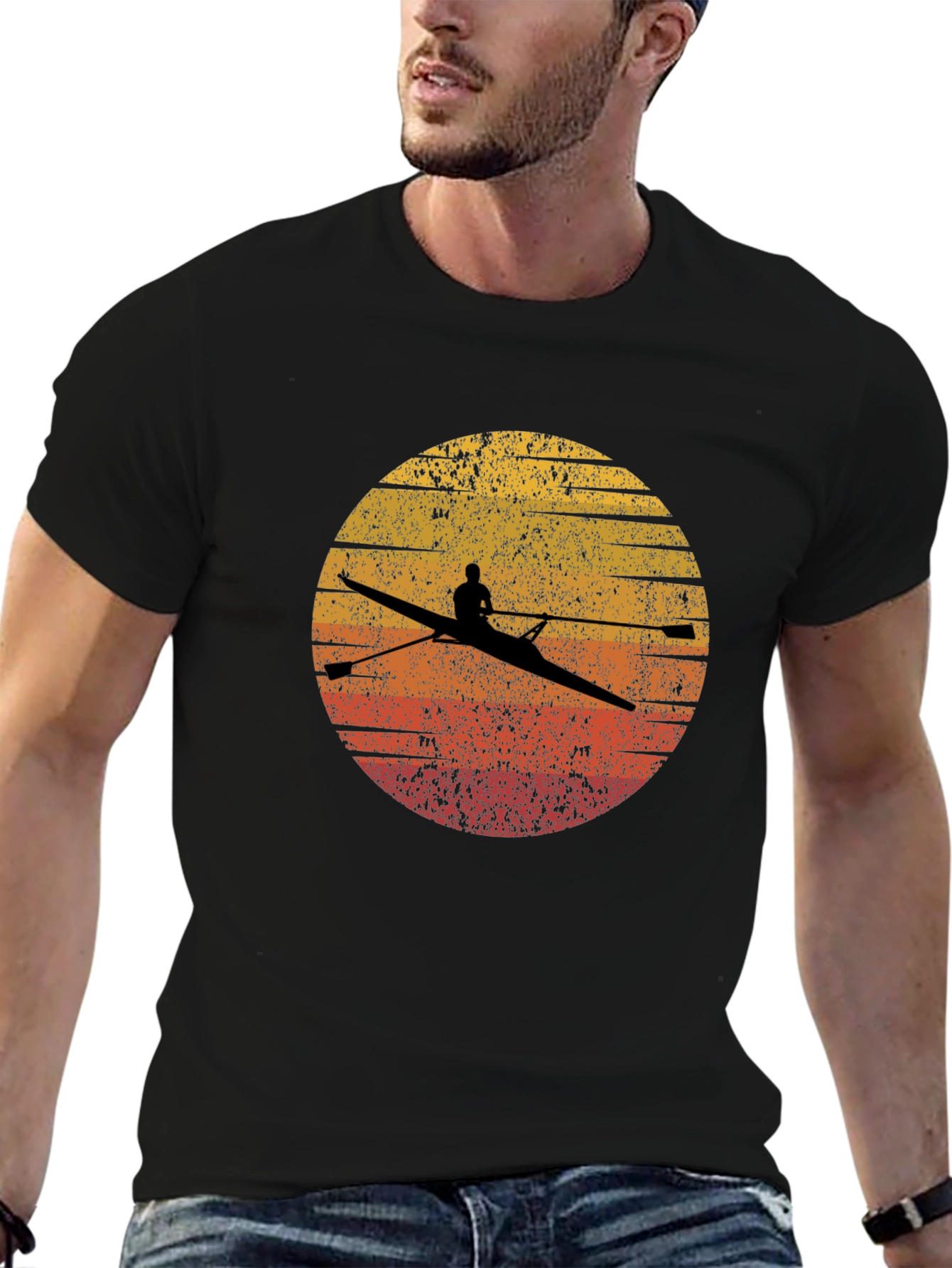 Rowing Silhouette Graphic Tee - Retro Sunset Design