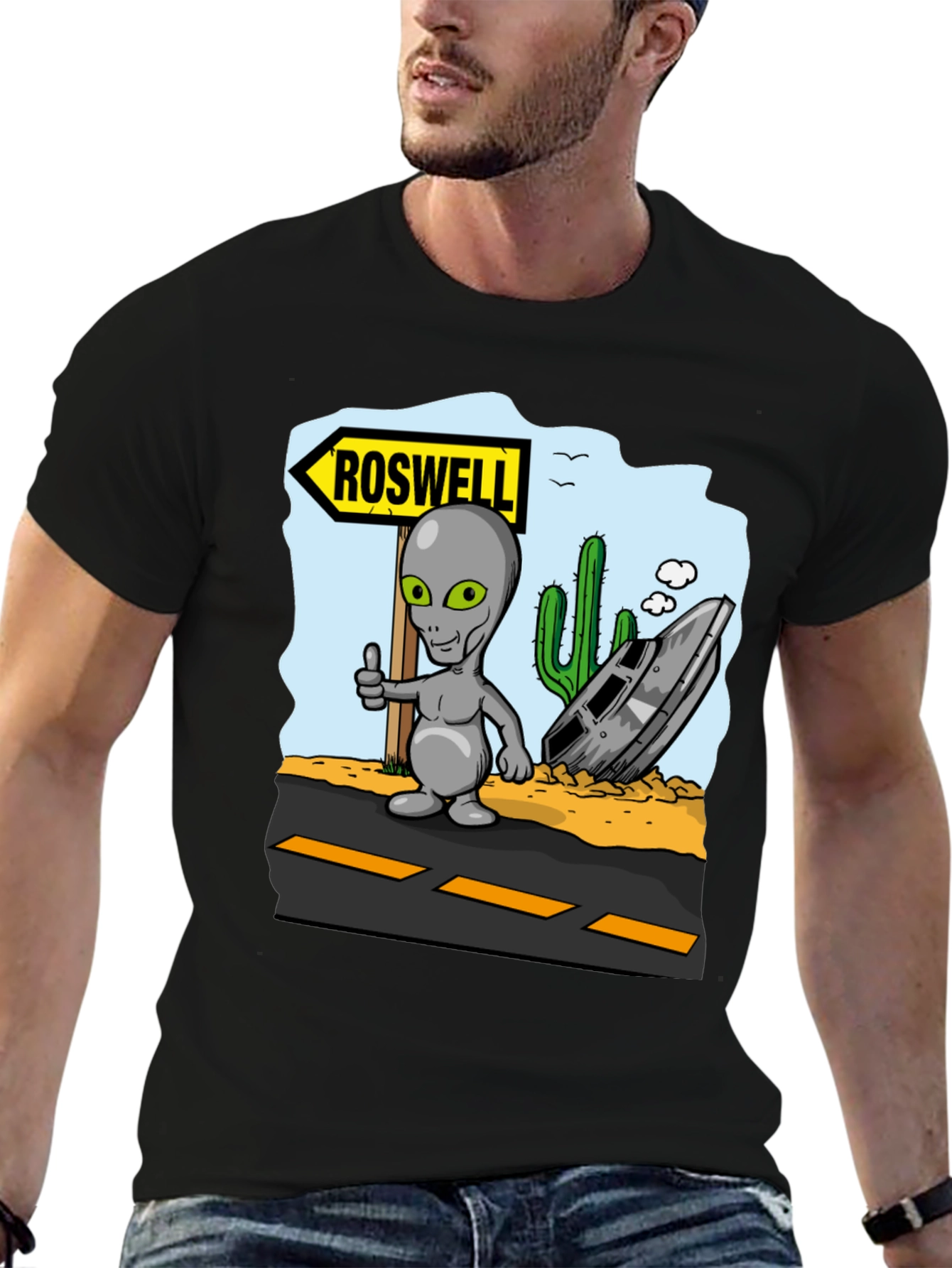 Roswell Alien T-Shirt - Grey Alien Thumbs Up Design