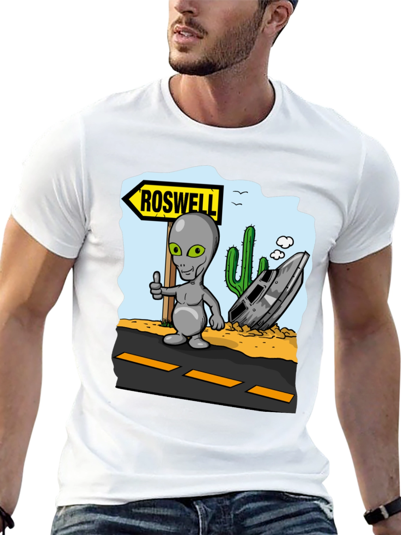 Roswell Alien T-Shirt - Grey Alien Thumbs Up Design