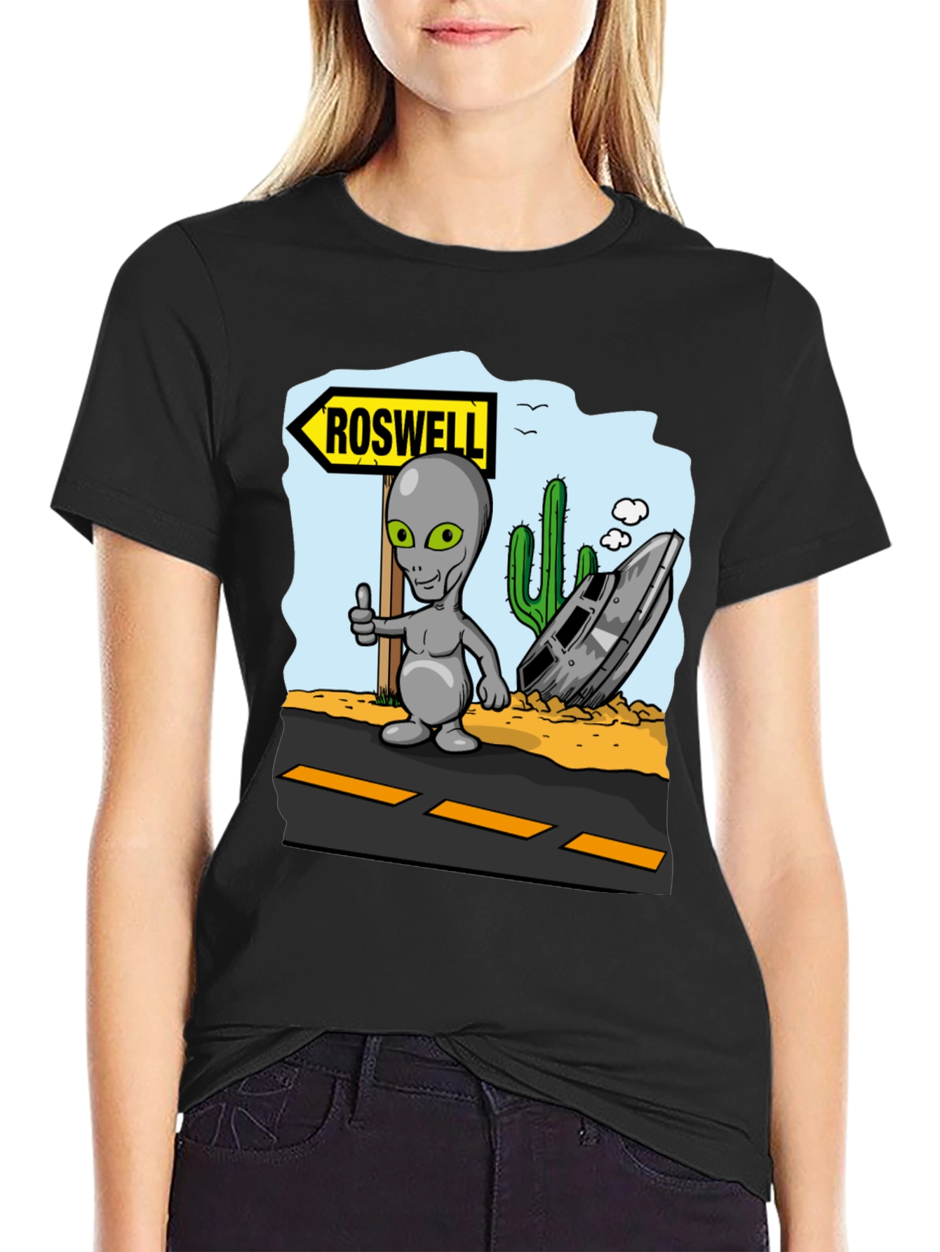 Roswell Alien T-Shirt - Grey Alien Thumbs Up Design