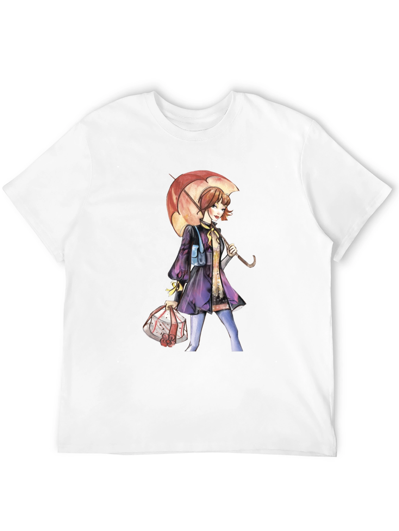 Artistic Woman with Umbrella Graphic Tee - Black