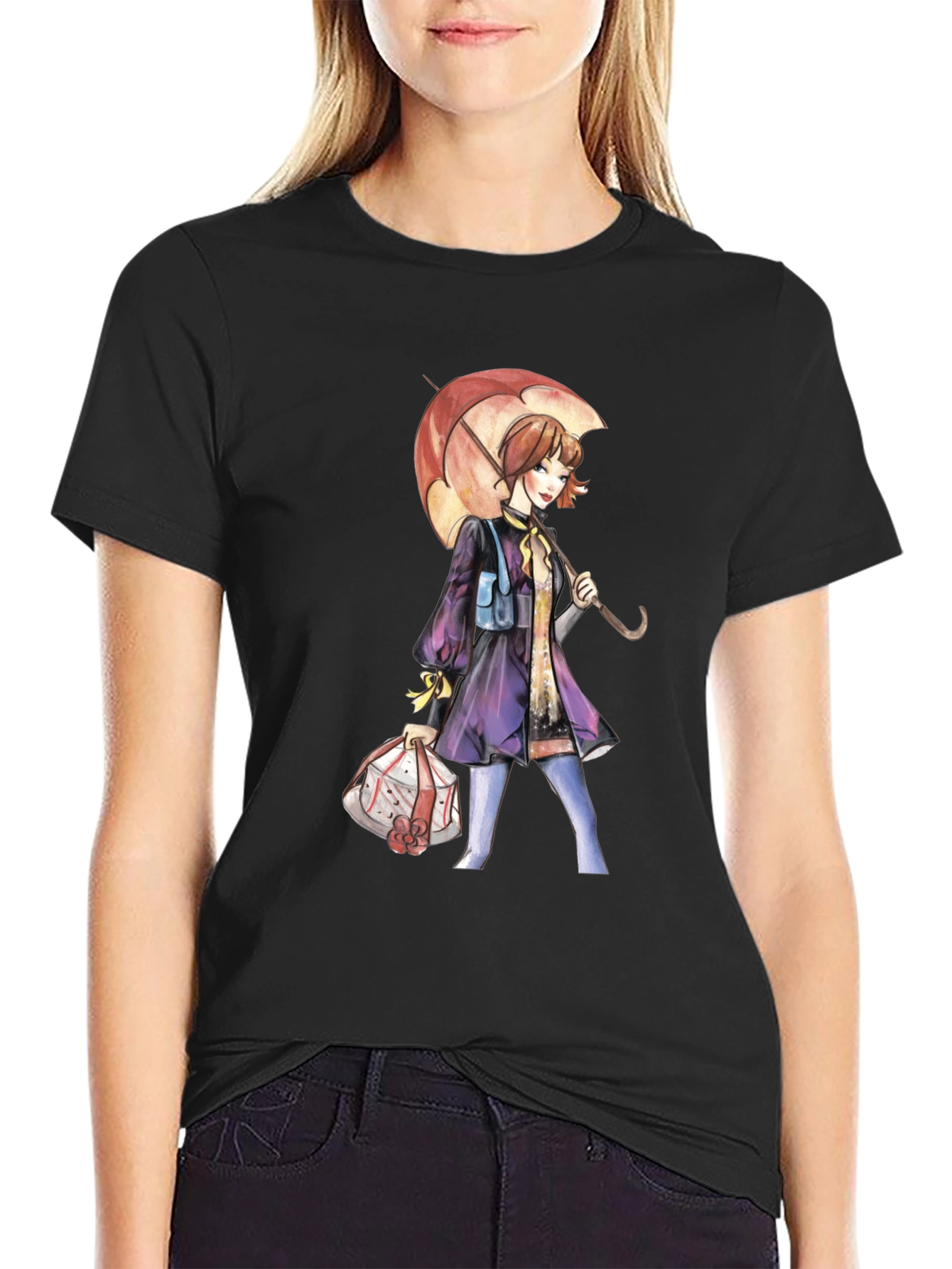 Artistic Woman with Umbrella Graphic Tee - Black