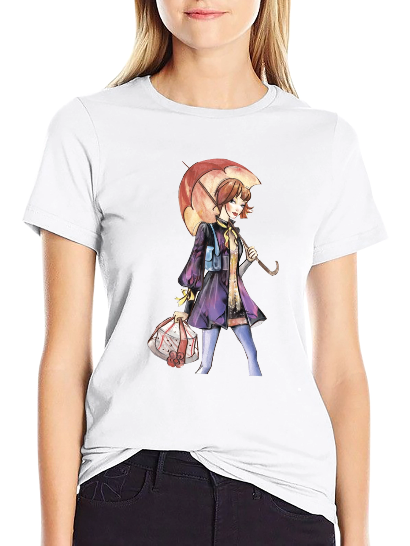 Artistic Woman with Umbrella Graphic Tee - Black