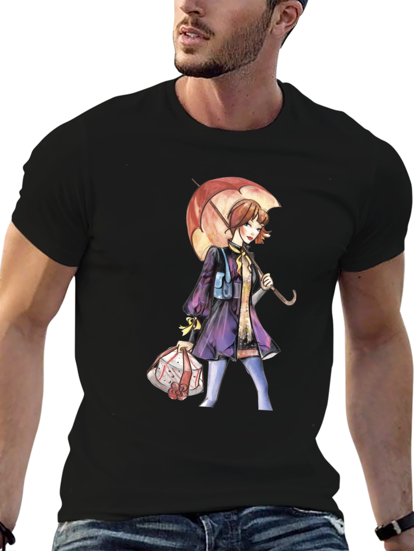 Artistic Woman with Umbrella Graphic Tee - Black