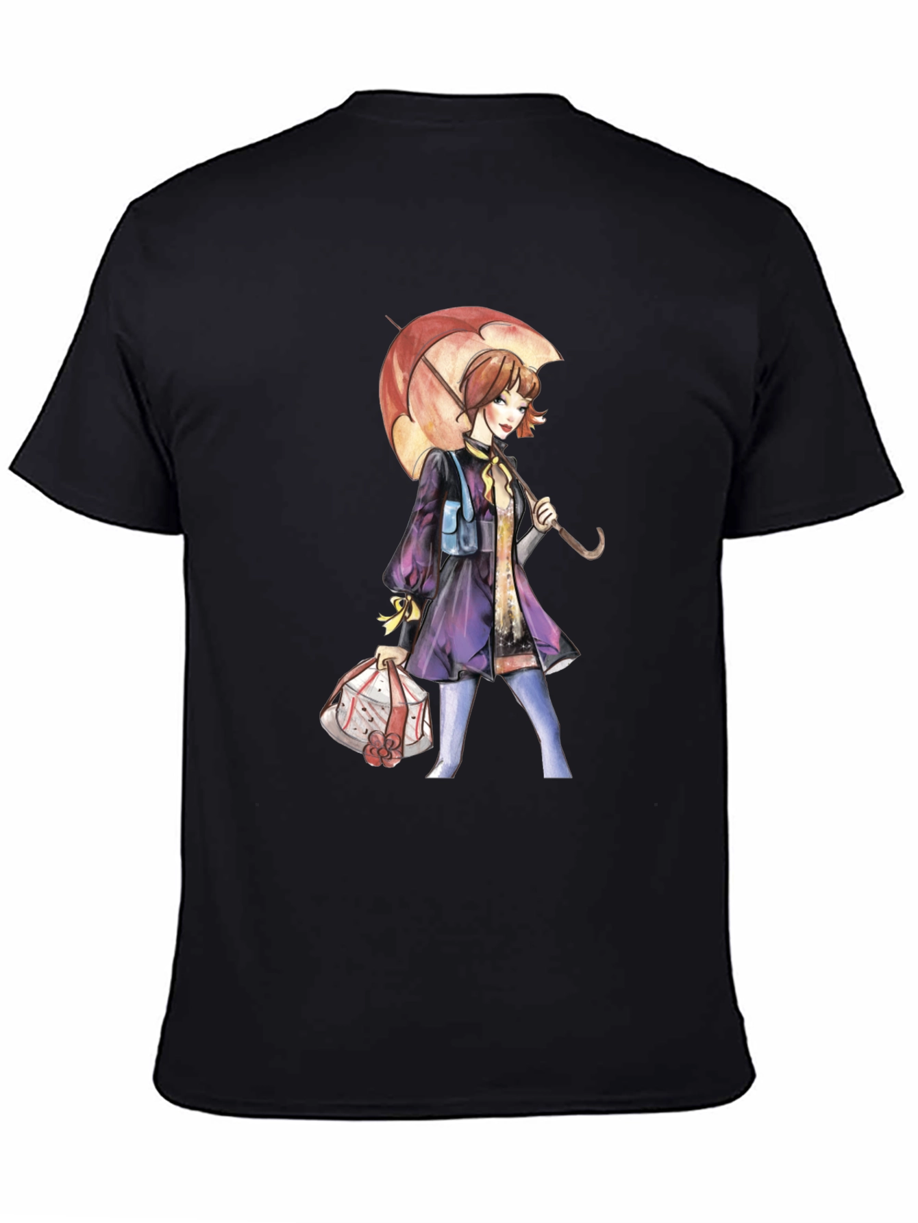 Artistic Woman with Umbrella Graphic Tee - Black