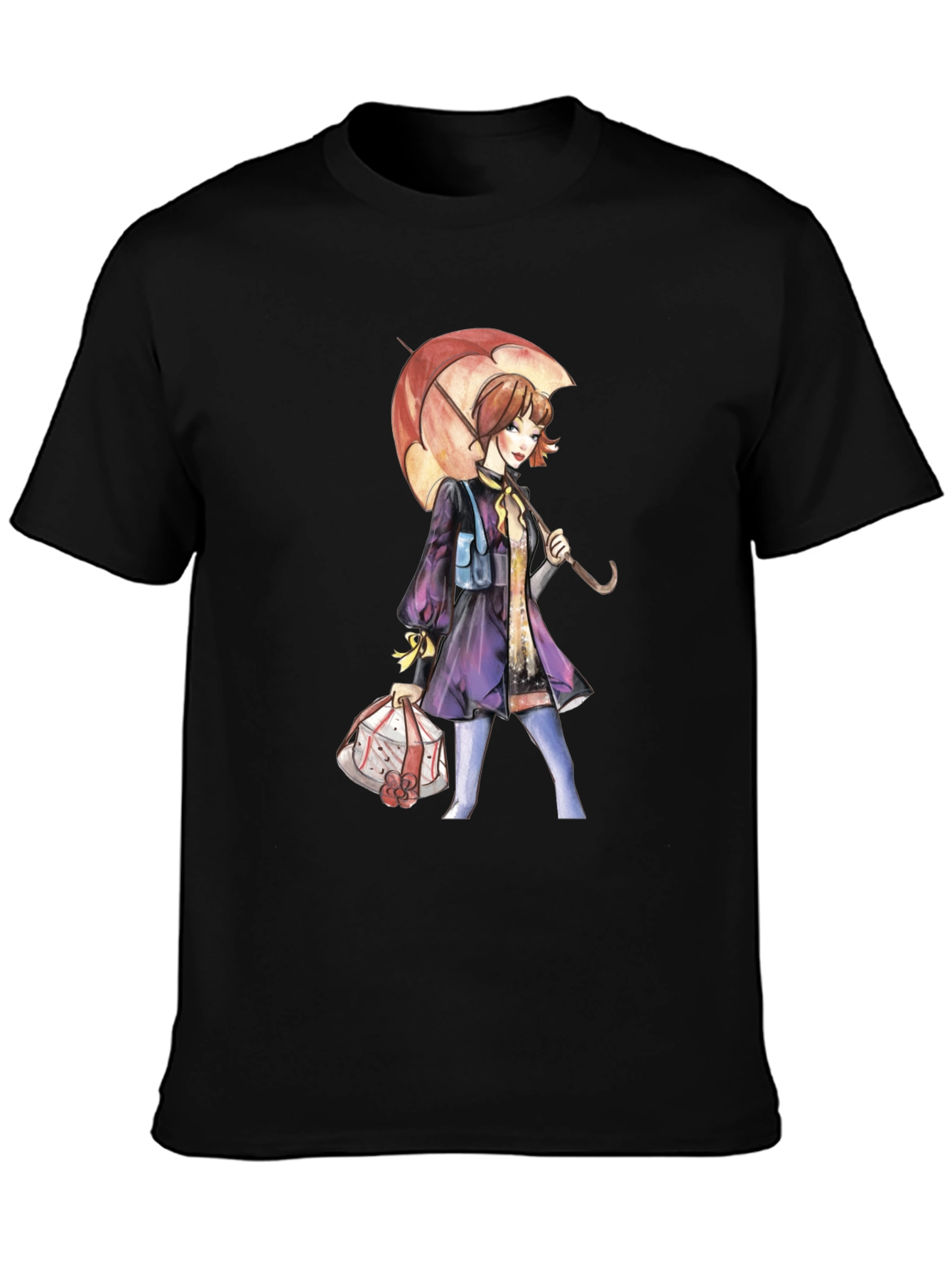 Artistic Woman with Umbrella Graphic Tee - Black