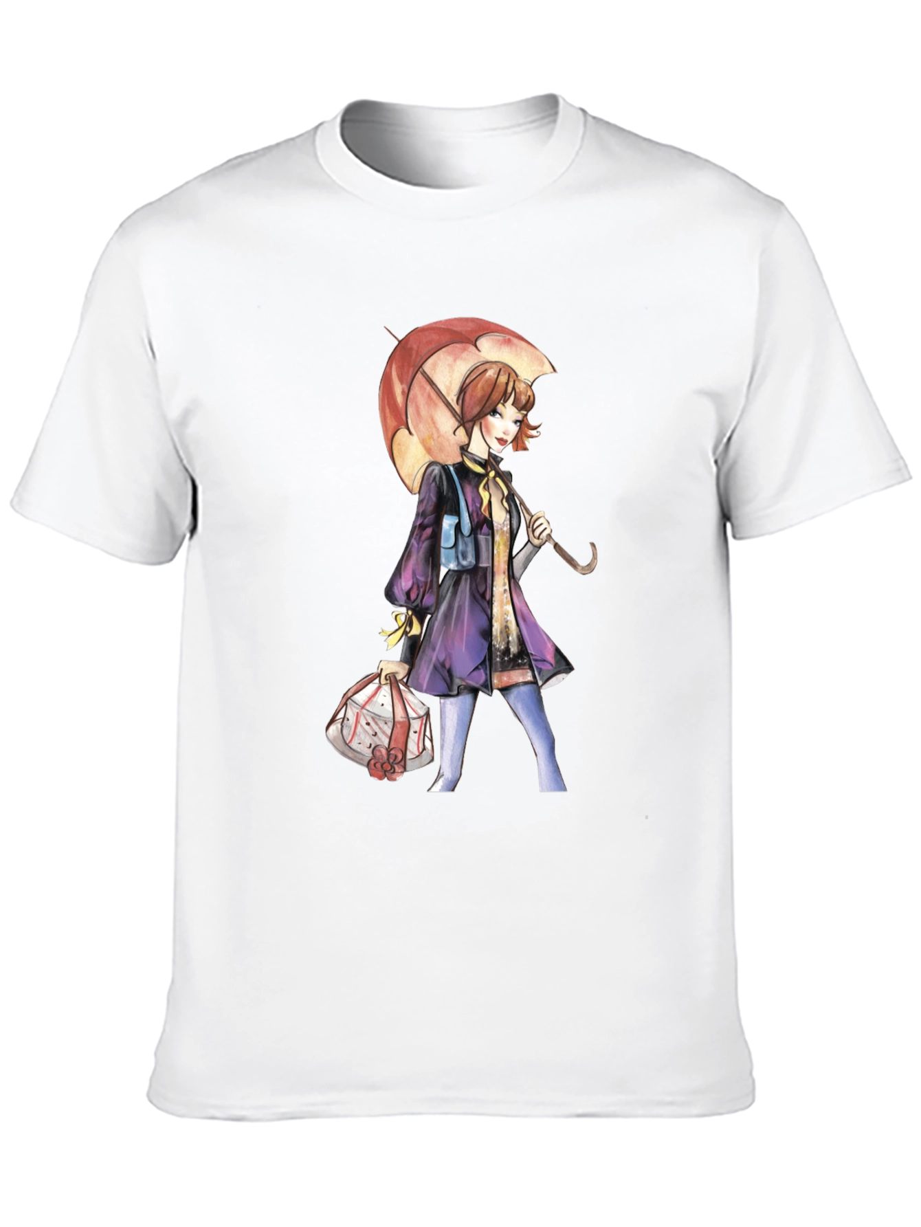 Artistic Woman with Umbrella Graphic Tee - Black