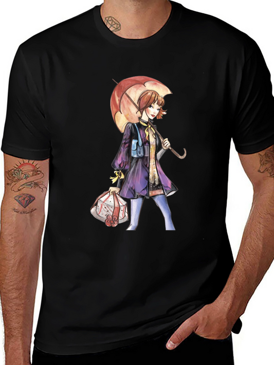 Artistic Woman with Umbrella Graphic Tee - Black