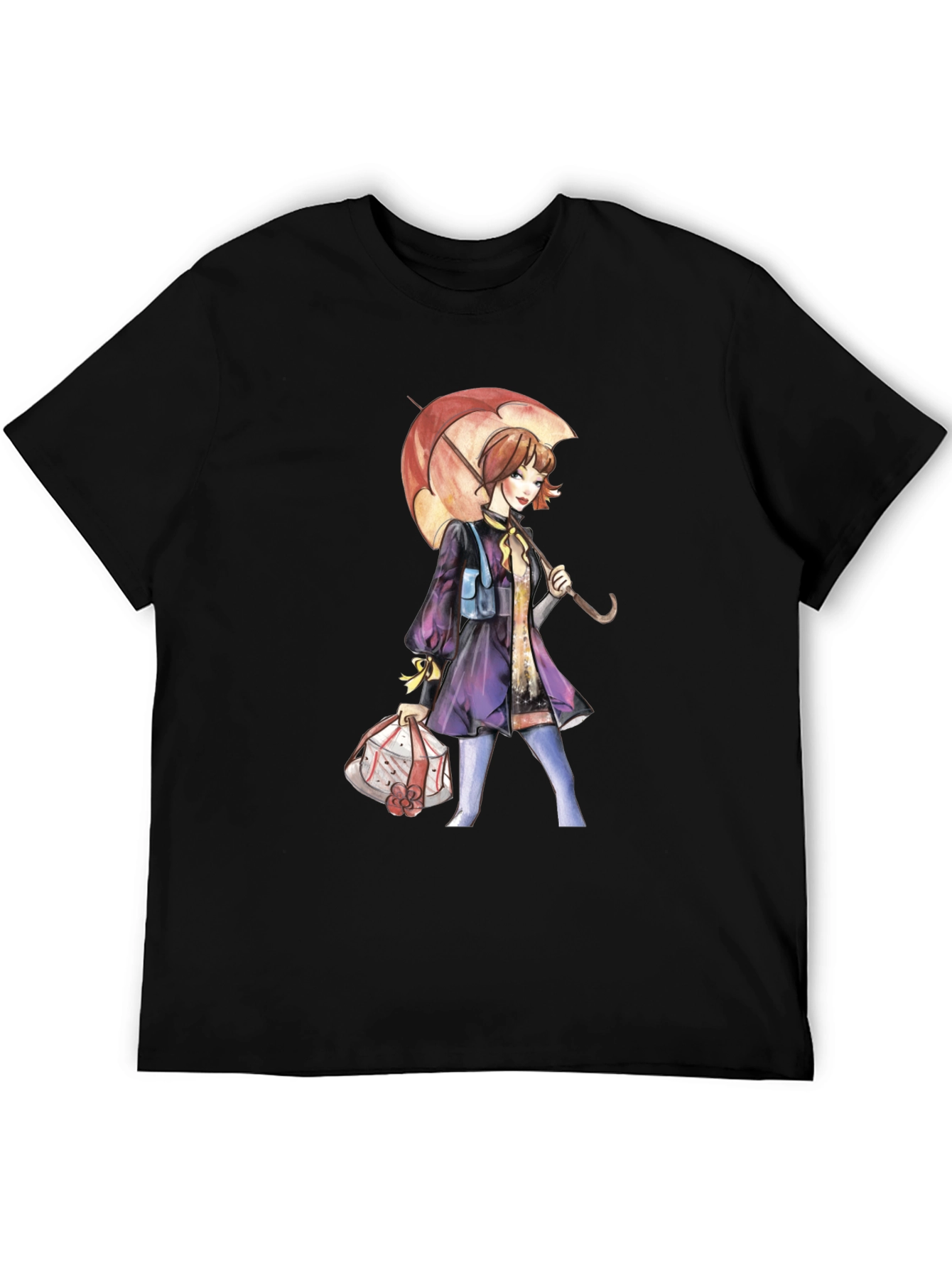 Artistic Woman with Umbrella Graphic Tee - Black