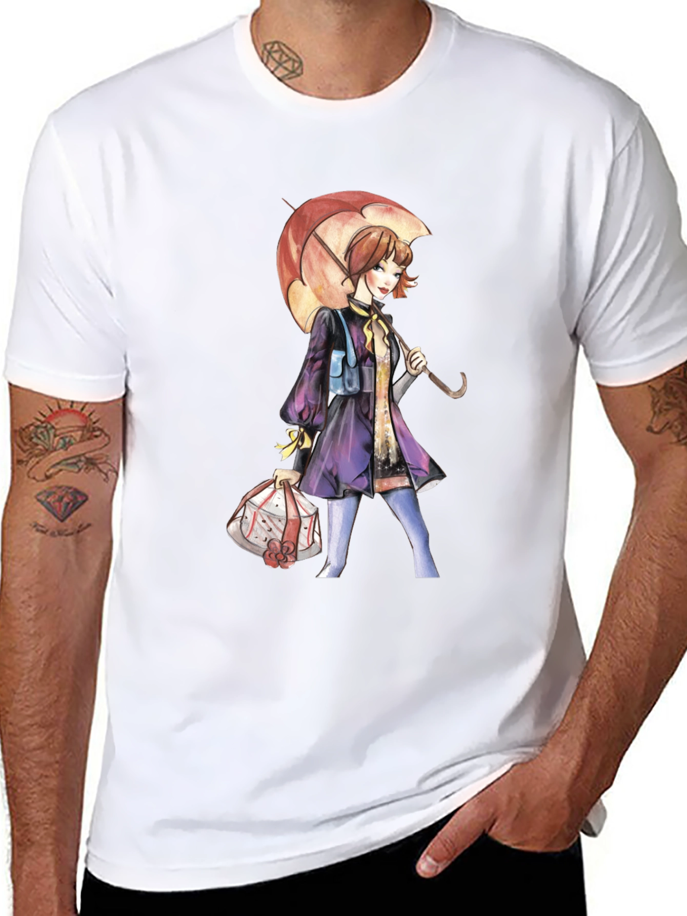 Artistic Woman with Umbrella Graphic Tee - Black