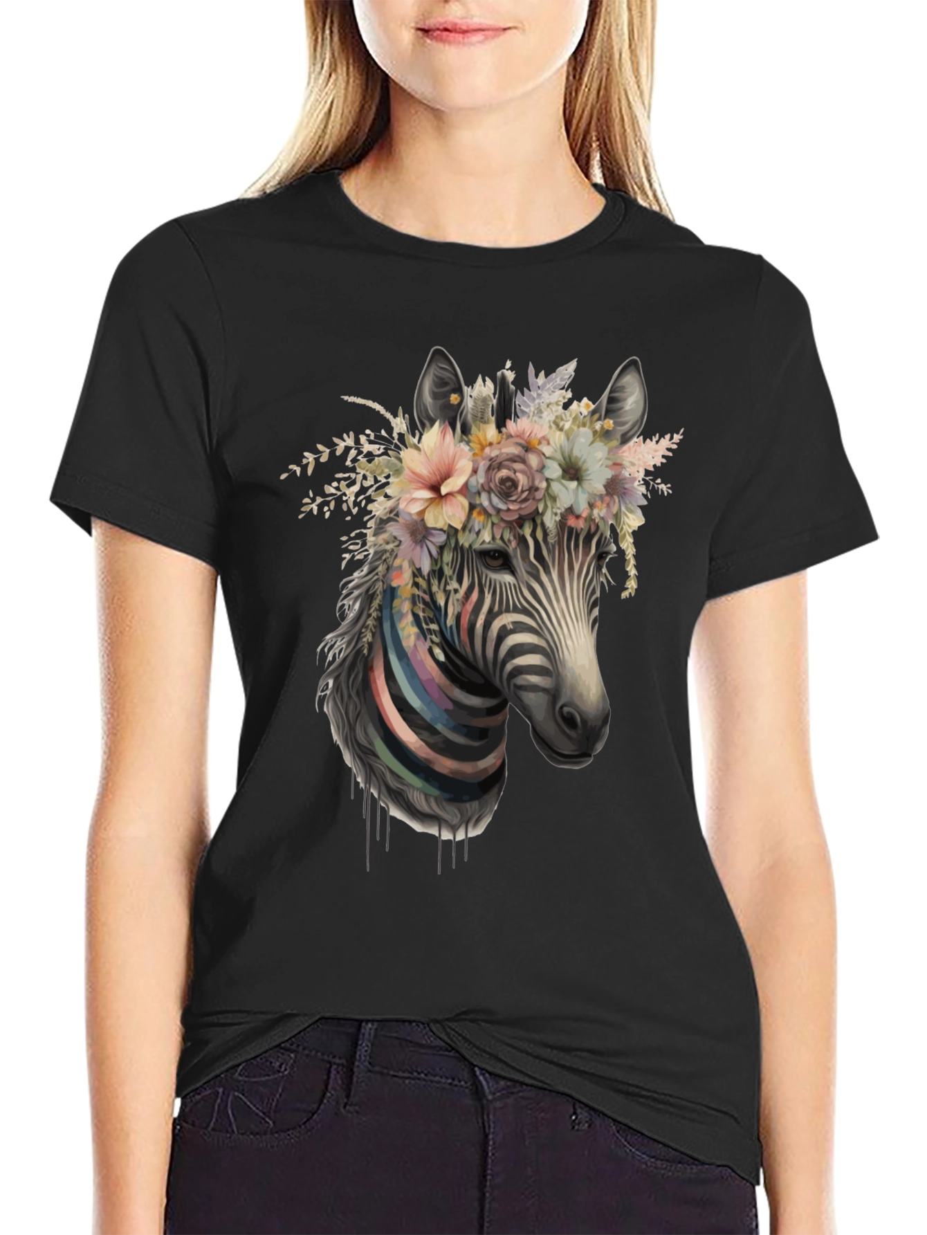 Zebra Floral Crown Black Graphic Tee