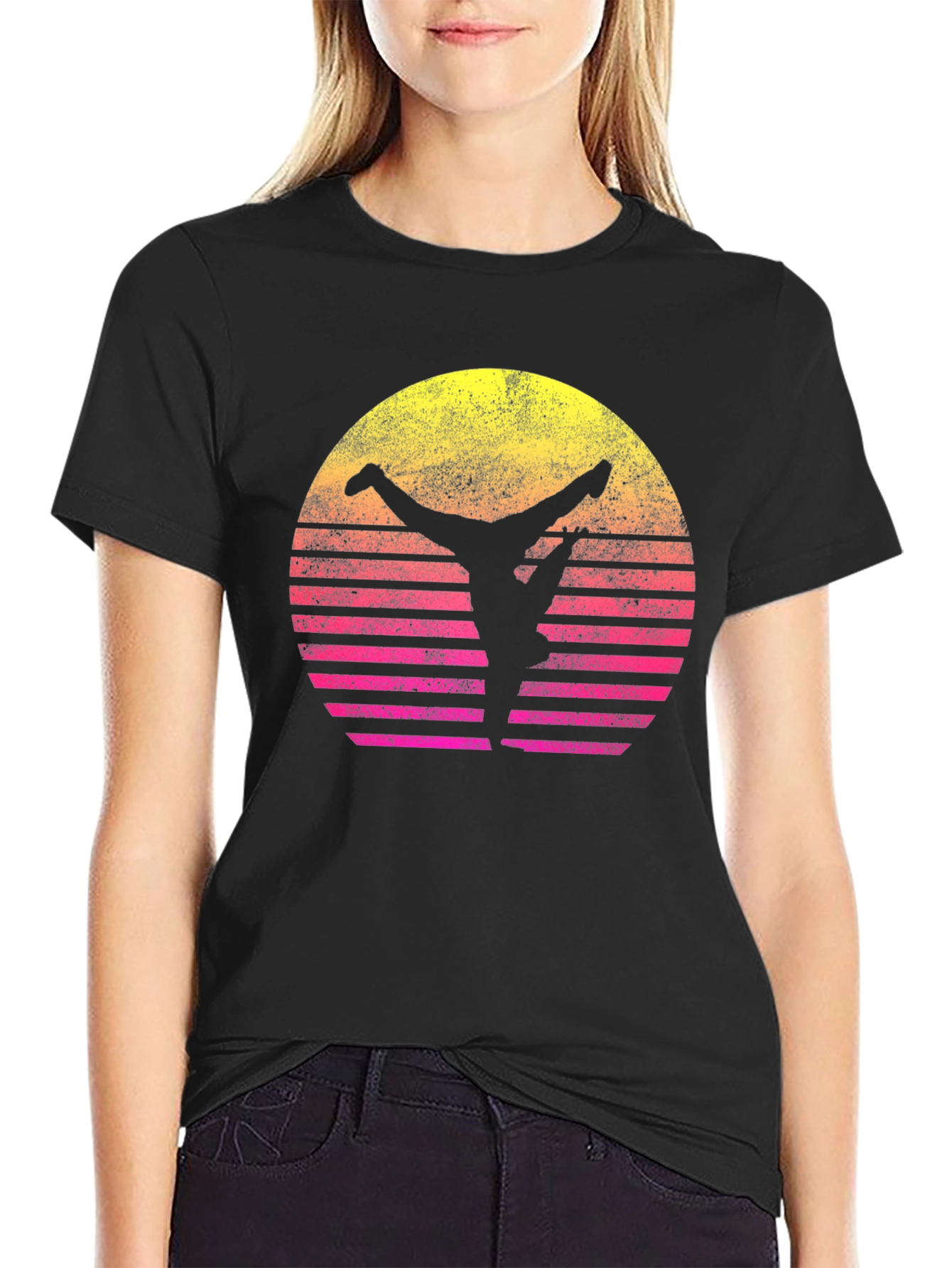 Retro Sunset Yoga T-Shirt - Black