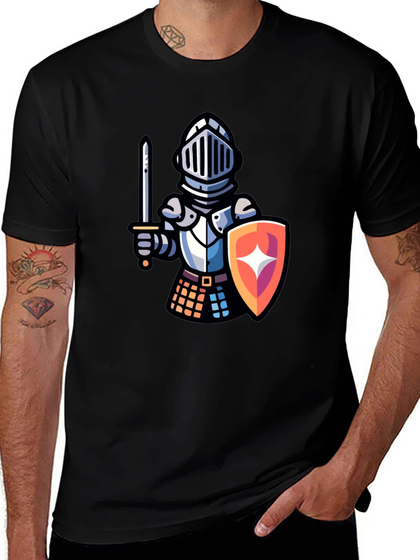 Knight Cartoon Graphic T-Shirt - Black Crew Neck Tee