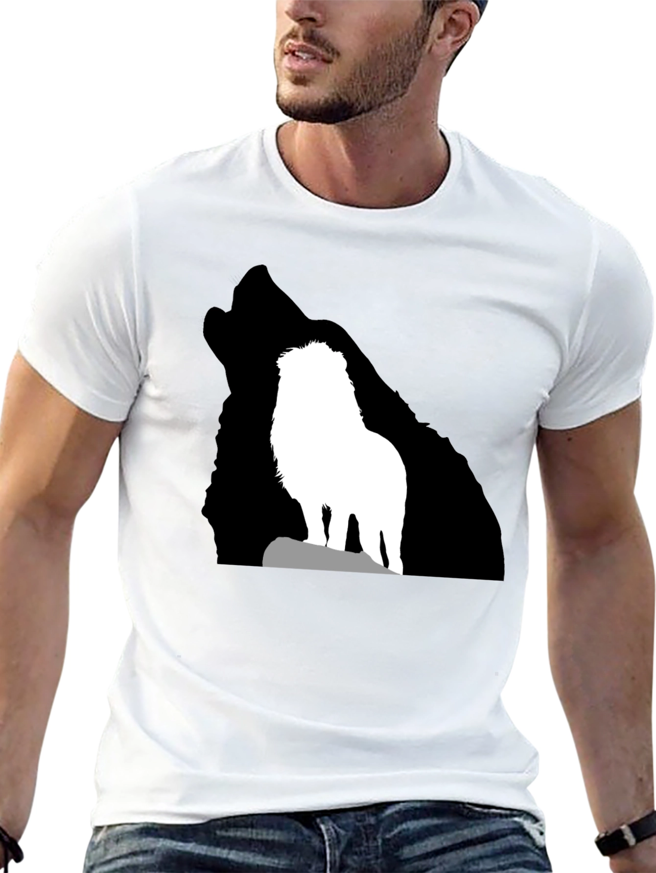 Lion Wolf Silhouette T-Shirt - Black Crew Neck Tee
