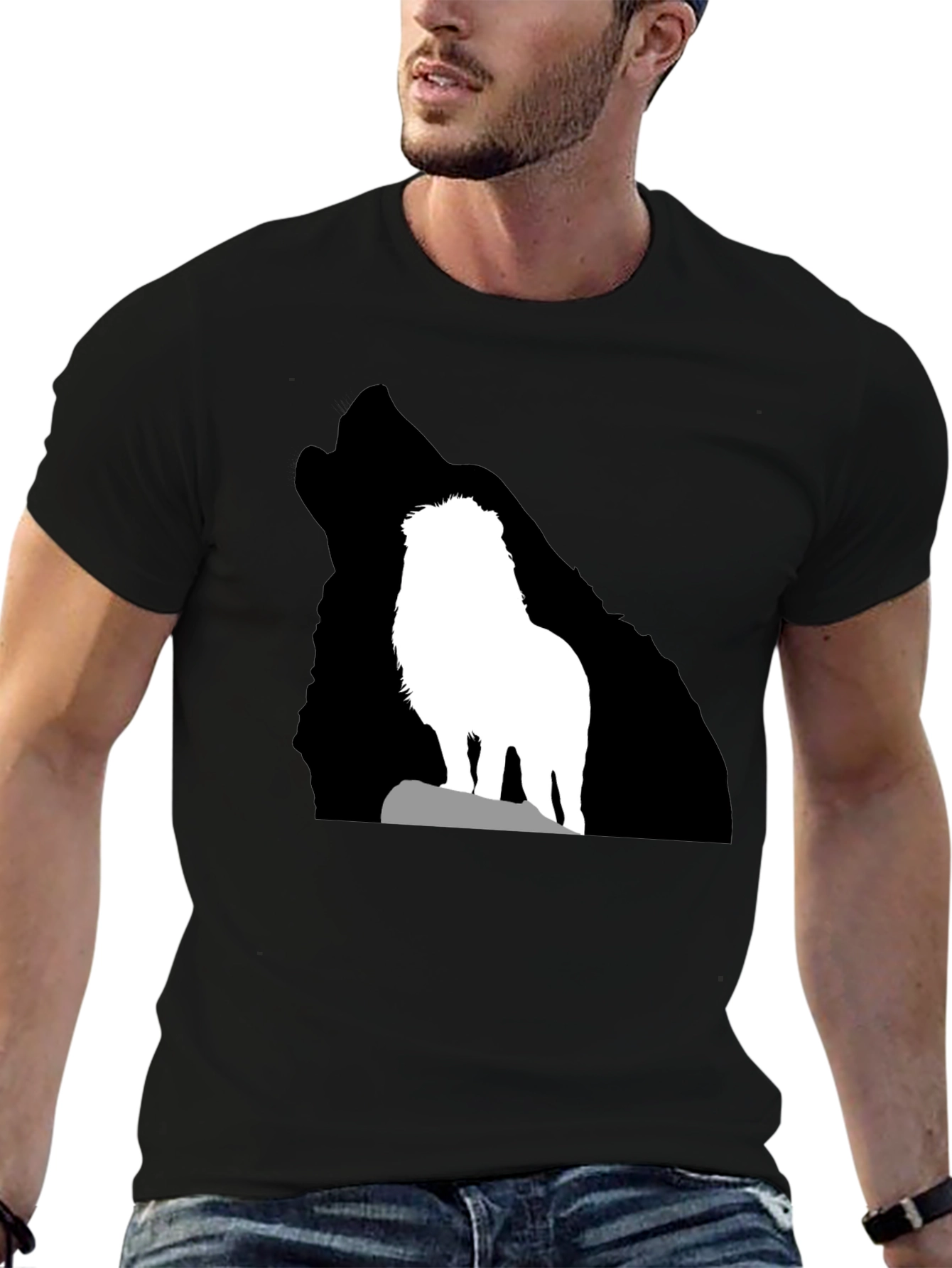Lion Wolf Silhouette T-Shirt - Black Crew Neck Tee