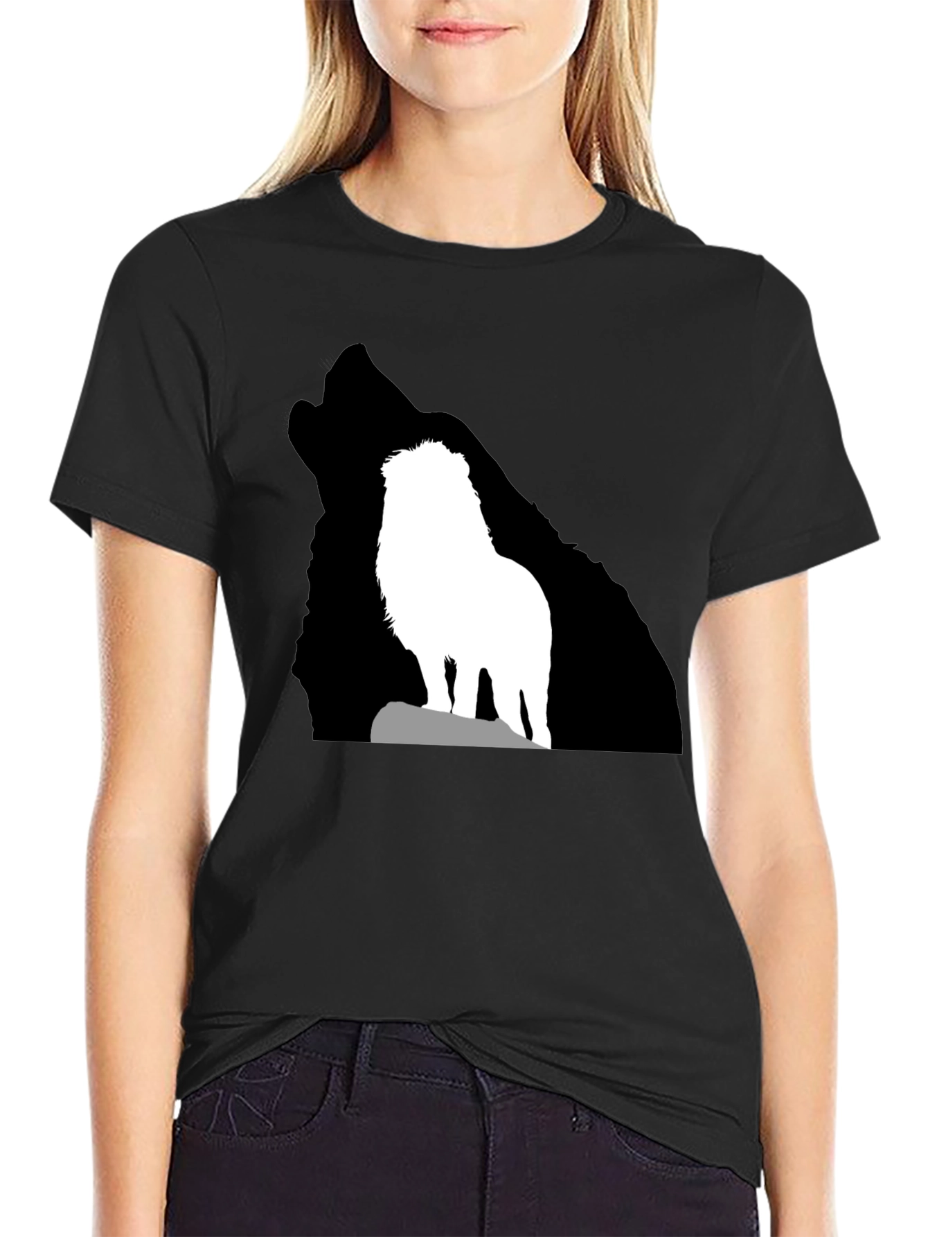 Lion Wolf Silhouette T-Shirt - Black Crew Neck Tee