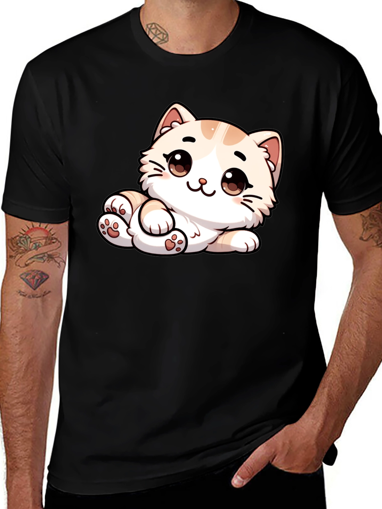 Cute Cartoon Cat Graphic Tee - Unisex Black T-Shirt
