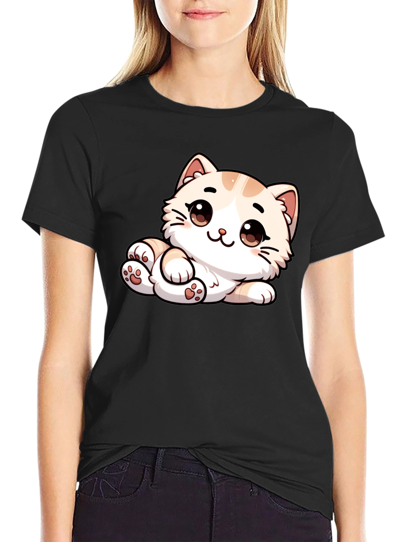 Cute Cartoon Cat Graphic Tee - Unisex Black T-Shirt