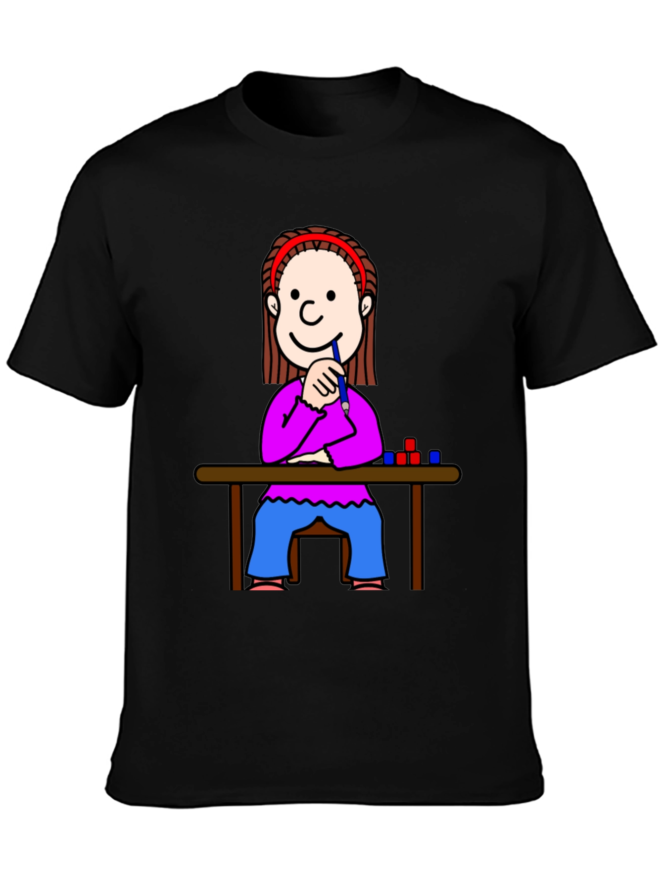 Cartoon Girl at Desk Black T-Shirt