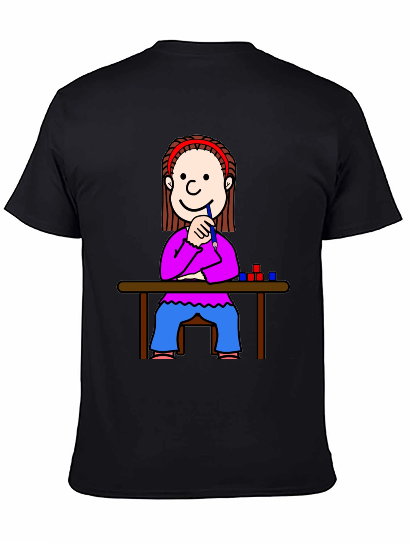 Cartoon Girl at Desk Black T-Shirt