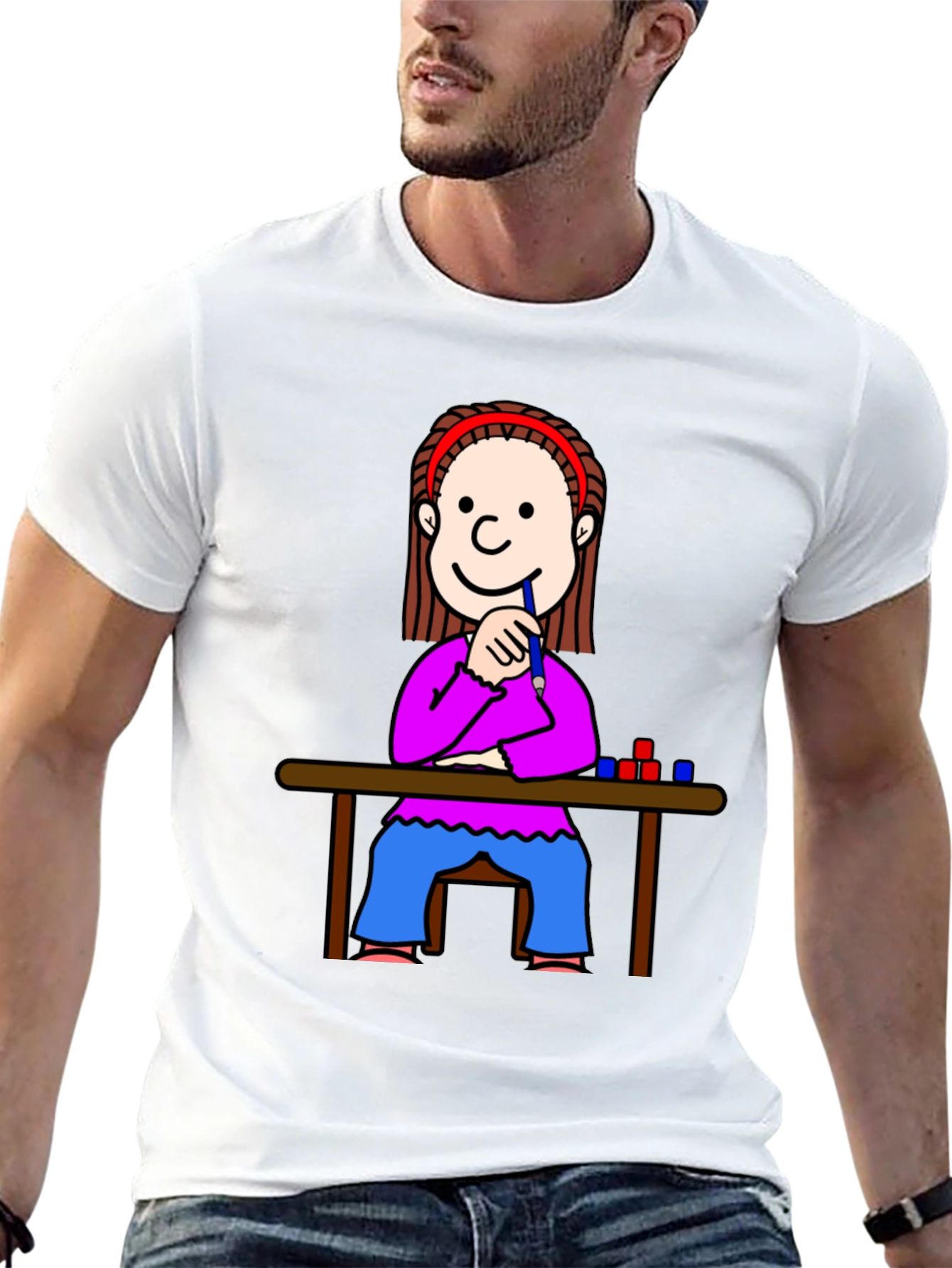 Cartoon Girl at Desk Black T-Shirt