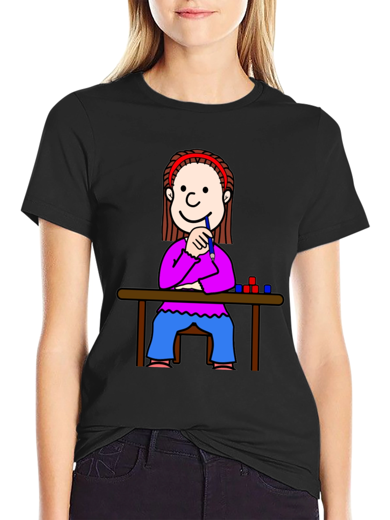 Cartoon Girl at Desk Black T-Shirt