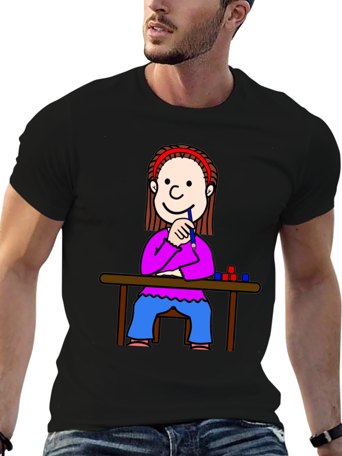 Cartoon Girl at Desk Black T-Shirt