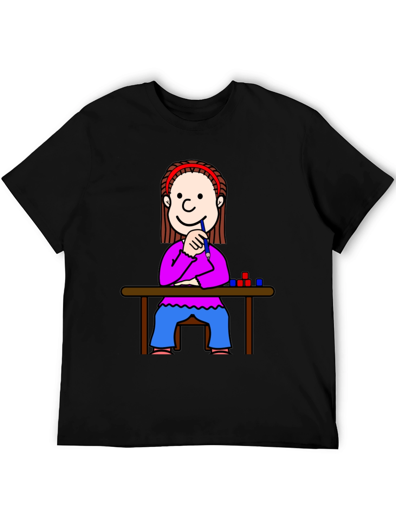 Cartoon Girl at Desk Black T-Shirt